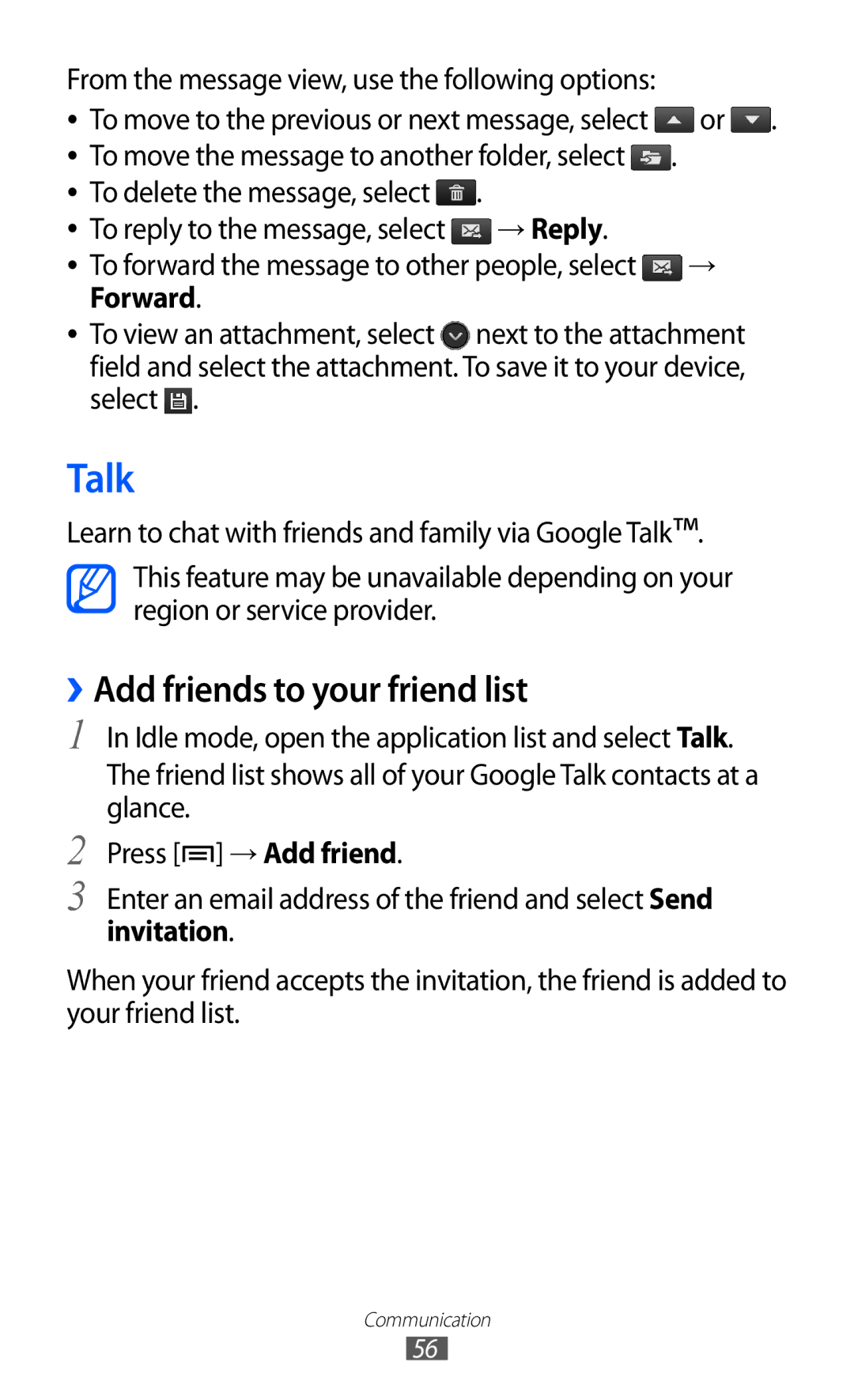 Samsung GT-I9070RWKTMZ, GT-I9070RWAXEO manual Talk, ››Add friends to your friend list, → Reply, Next to the attachment 