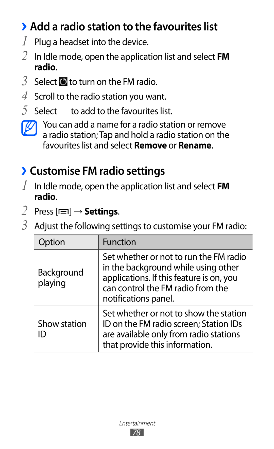 Samsung GT-I9070RWAVD2, GT-I9070RWAXEO ››Add a radio station to the favourites list, ››Customise FM radio settings, Radio 