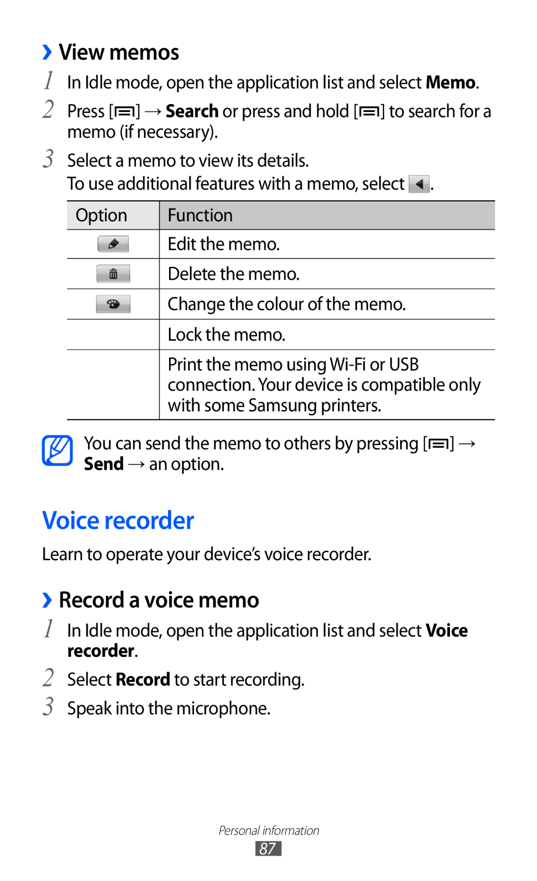 Samsung GT-I9070HKAITV, GT-I9070RWAXEO, GT-I9070RWAVD2 manual Voice recorder, ››View memos, ››Record a voice memo, Recorder 