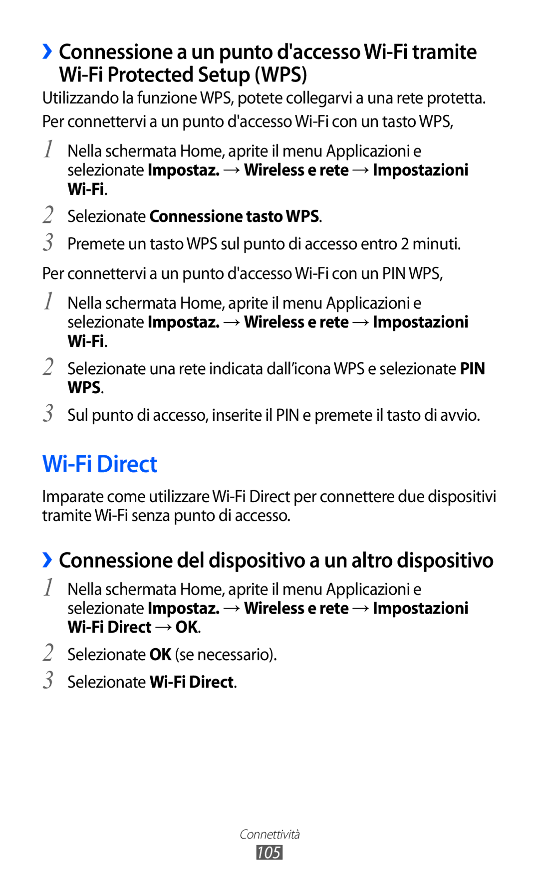 Samsung GT-I9070RWNTIM manual Wi-Fi Protected Setup WPS, Selezionate Connessione tasto WPS, Wi-Fi Direct → OK, 105 