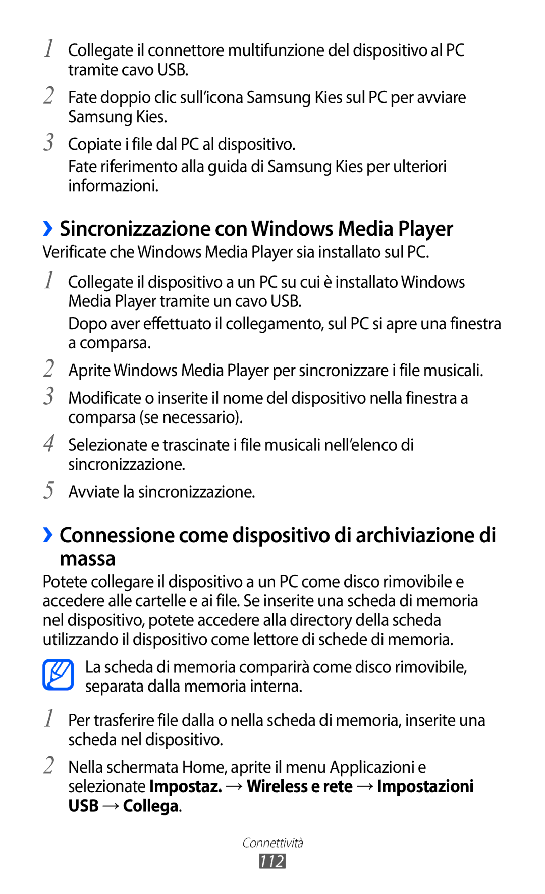 Samsung GT-I9070HKNTIM, GT-I9070RWNTIM, GT-I9070HKNITV manual ››Sincronizzazione con Windows Media Player, 112 