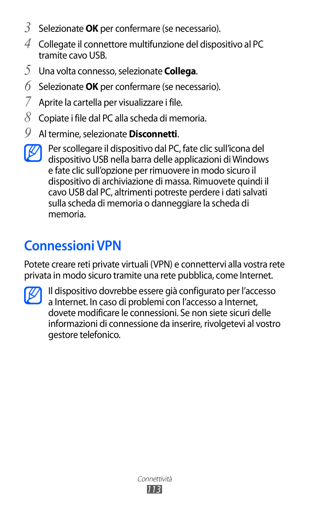 Samsung GT-I9070HKNITV, GT-I9070RWNTIM, GT-I9070HKNTIM manual Connessioni VPN, 113 