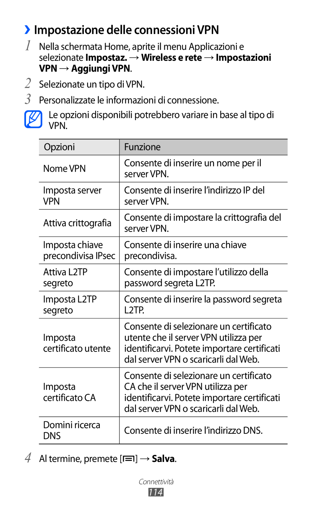 Samsung GT-I9070RWNTIM, GT-I9070HKNTIM, GT-I9070HKNITV manual ››Impostazione delle connessioni VPN, 114 