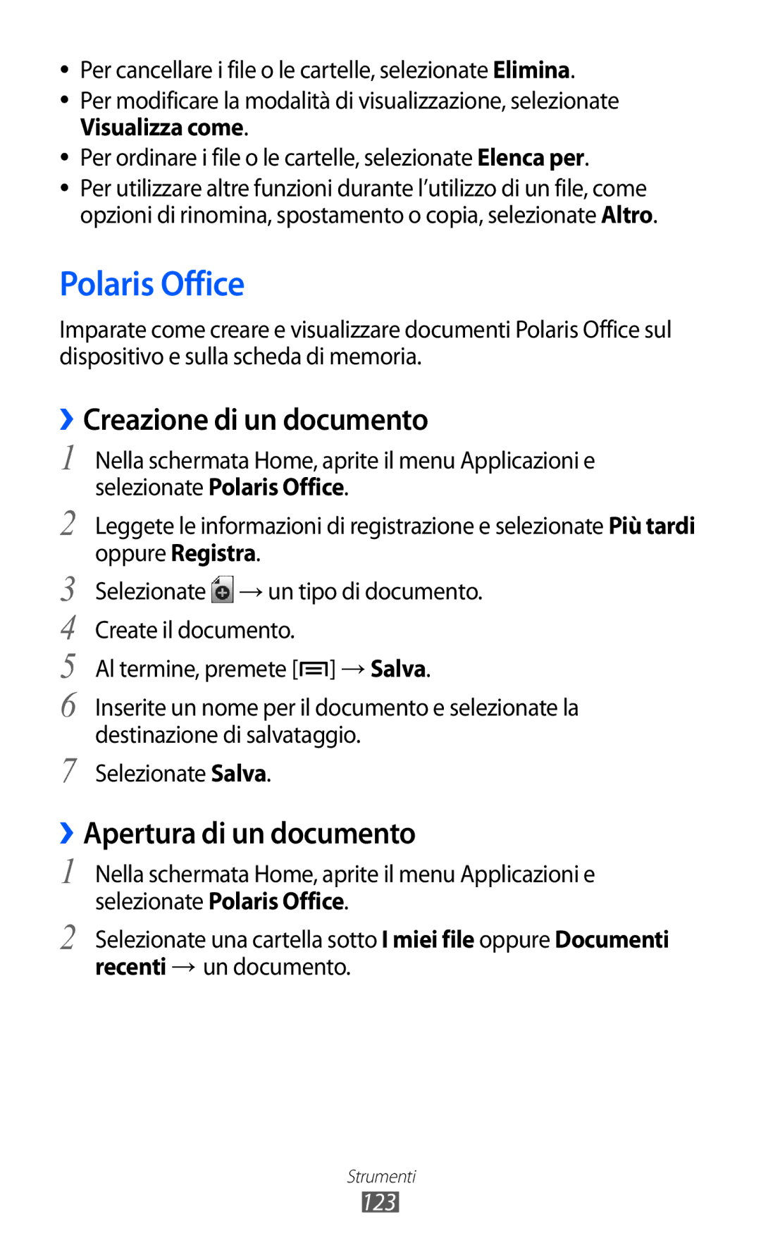 Samsung GT-I9070RWNTIM, GT-I9070HKNTIM manual Polaris Office, ››Creazione di un documento, ››Apertura di un documento, 123 