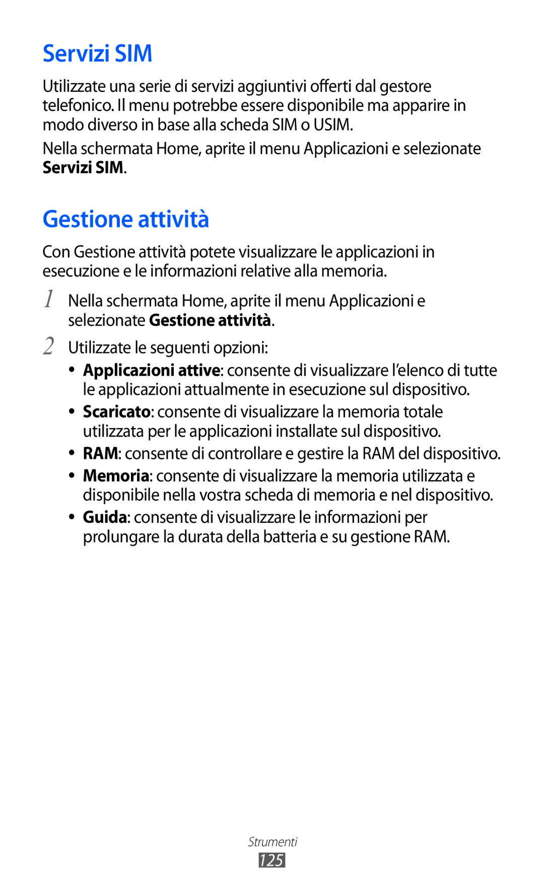 Samsung GT-I9070HKNITV, GT-I9070RWNTIM, GT-I9070HKNTIM manual Servizi SIM, Gestione attività, 125 