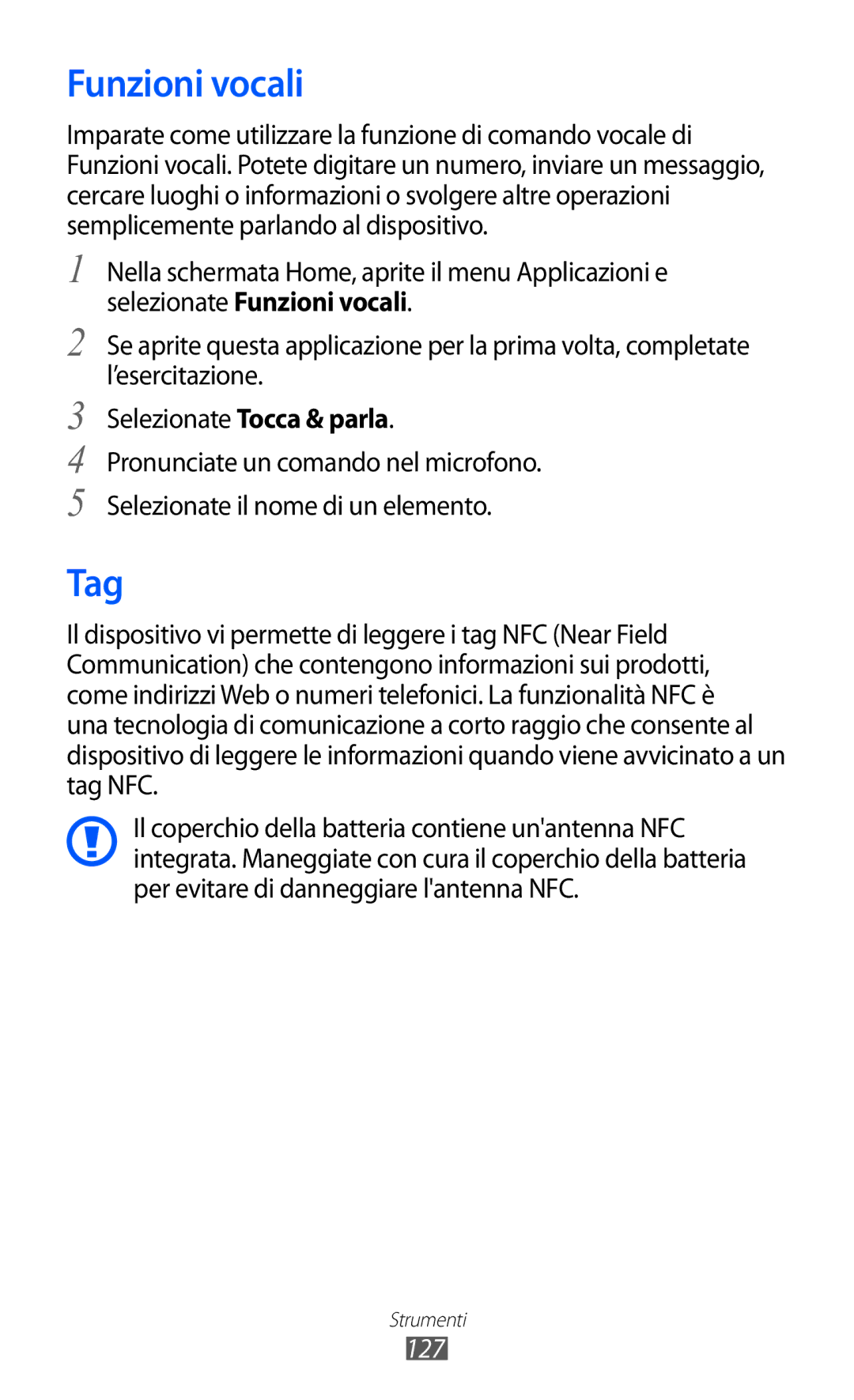 Samsung GT-I9070HKNTIM, GT-I9070RWNTIM, GT-I9070HKNITV manual Funzioni vocali, Tag, 127 