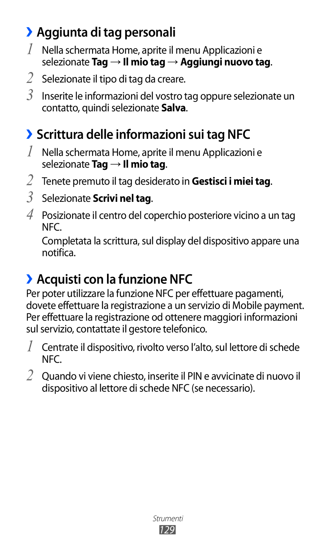 Samsung GT-I9070RWNTIM, GT-I9070HKNTIM manual ››Aggiunta di tag personali, ››Scrittura delle informazioni sui tag NFC, 129 