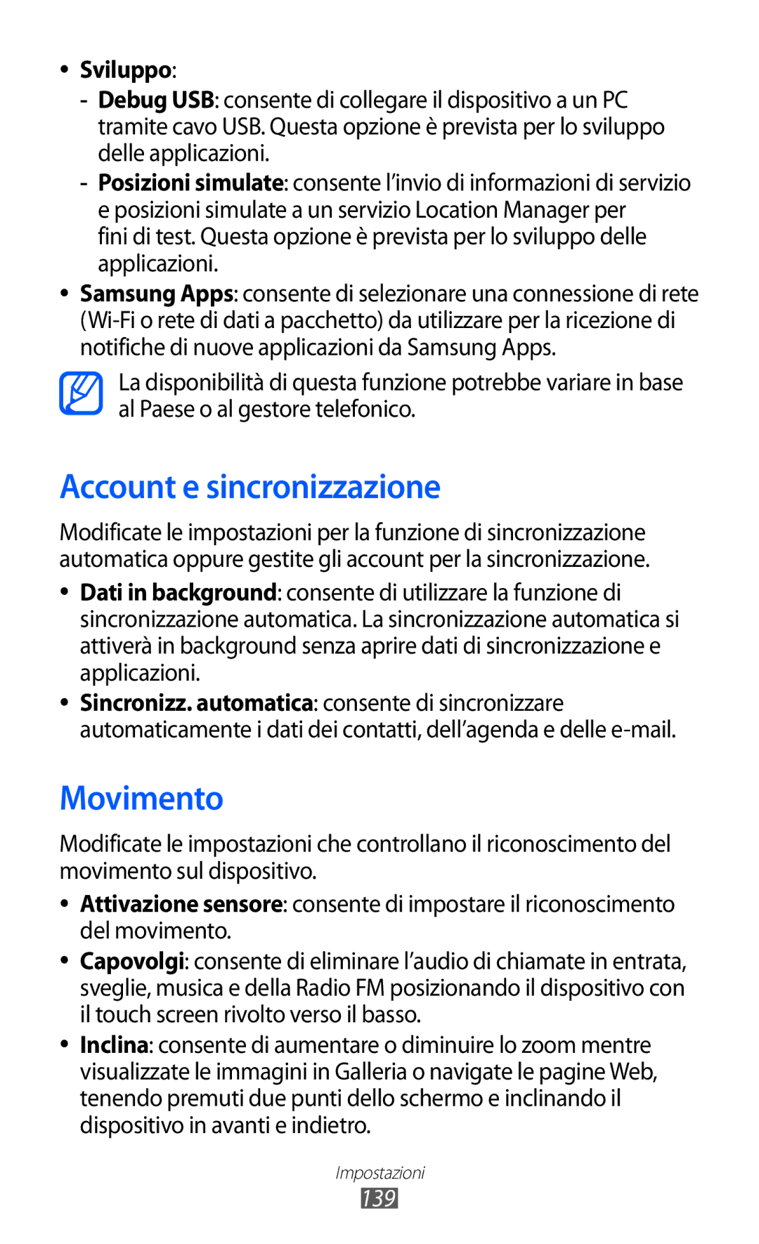 Samsung GT-I9070HKNTIM, GT-I9070RWNTIM, GT-I9070HKNITV manual Account e sincronizzazione, Movimento, Sviluppo, 139 