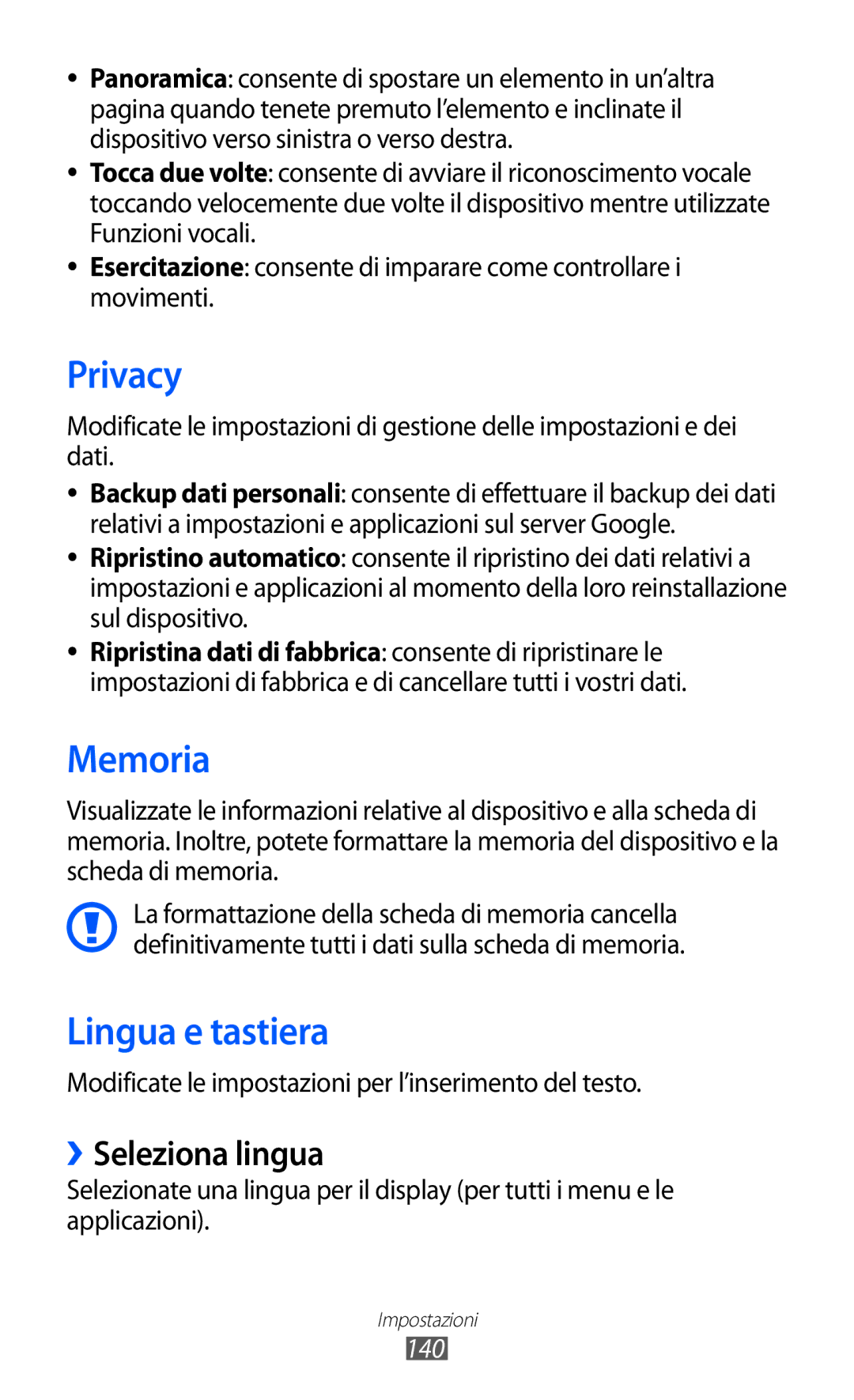 Samsung GT-I9070HKNITV, GT-I9070RWNTIM, GT-I9070HKNTIM manual Privacy, Memoria, Lingua e tastiera, ››Seleziona lingua, 140 