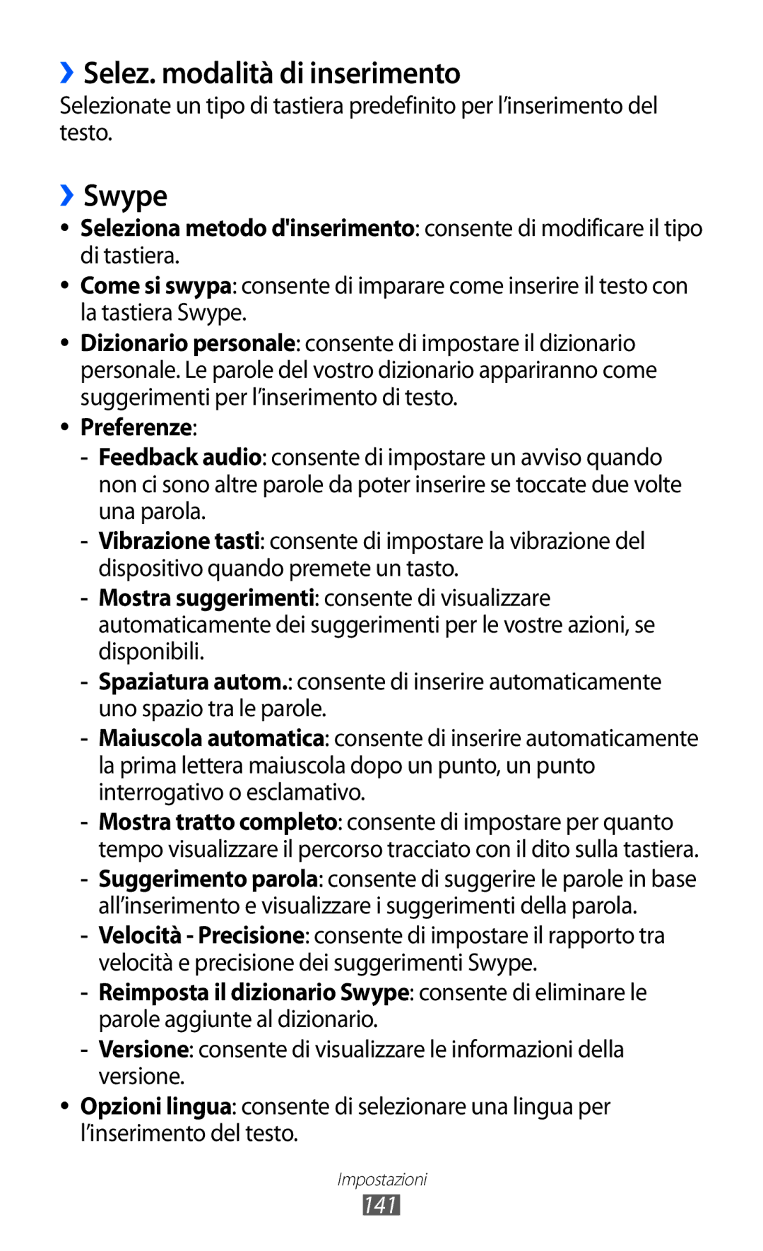 Samsung GT-I9070RWNTIM, GT-I9070HKNTIM, GT-I9070HKNITV manual ››Selez. modalità di inserimento, ››Swype, Preferenze, 141 