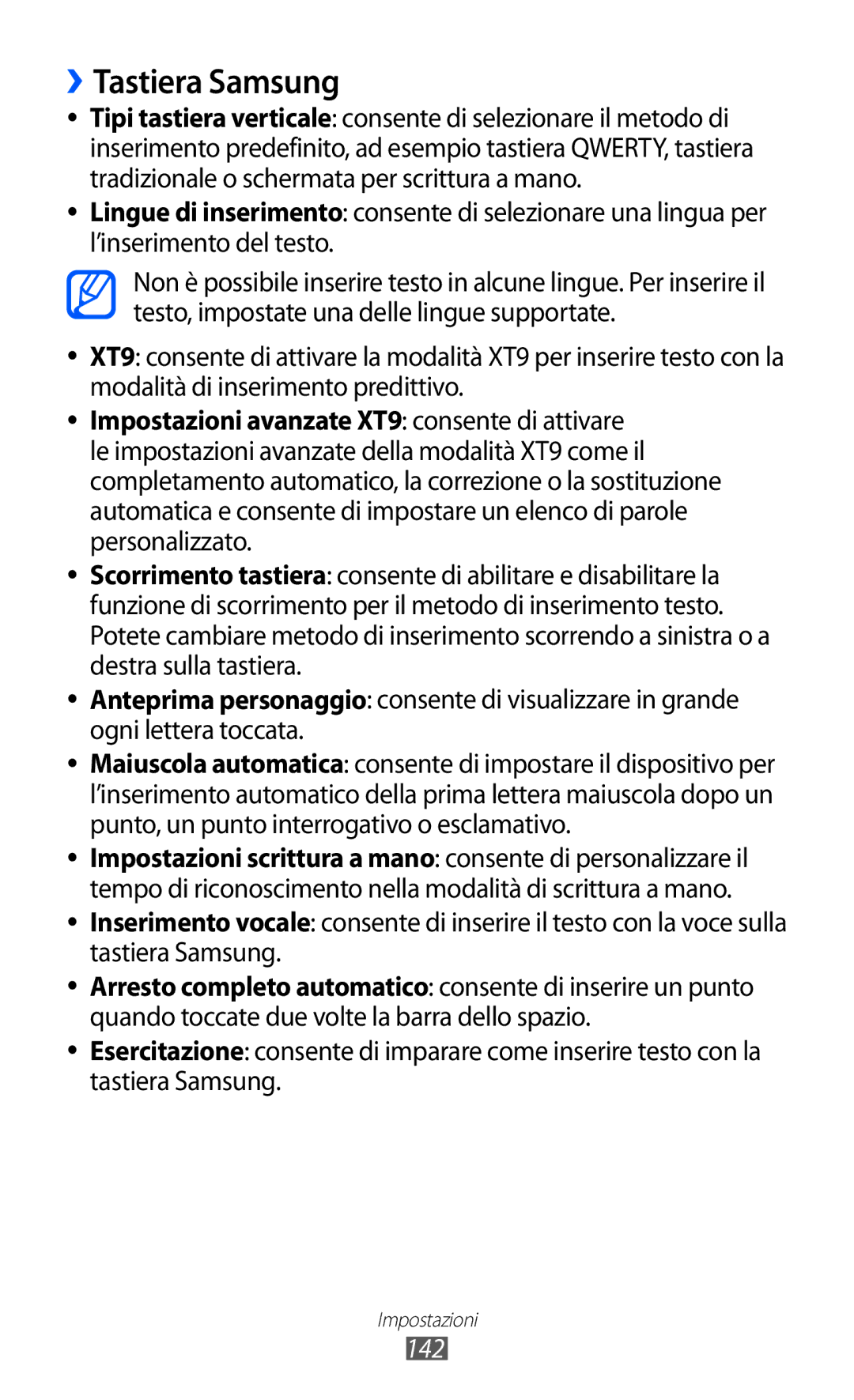 Samsung GT-I9070HKNTIM, GT-I9070RWNTIM, GT-I9070HKNITV manual ››Tastiera Samsung, 142 