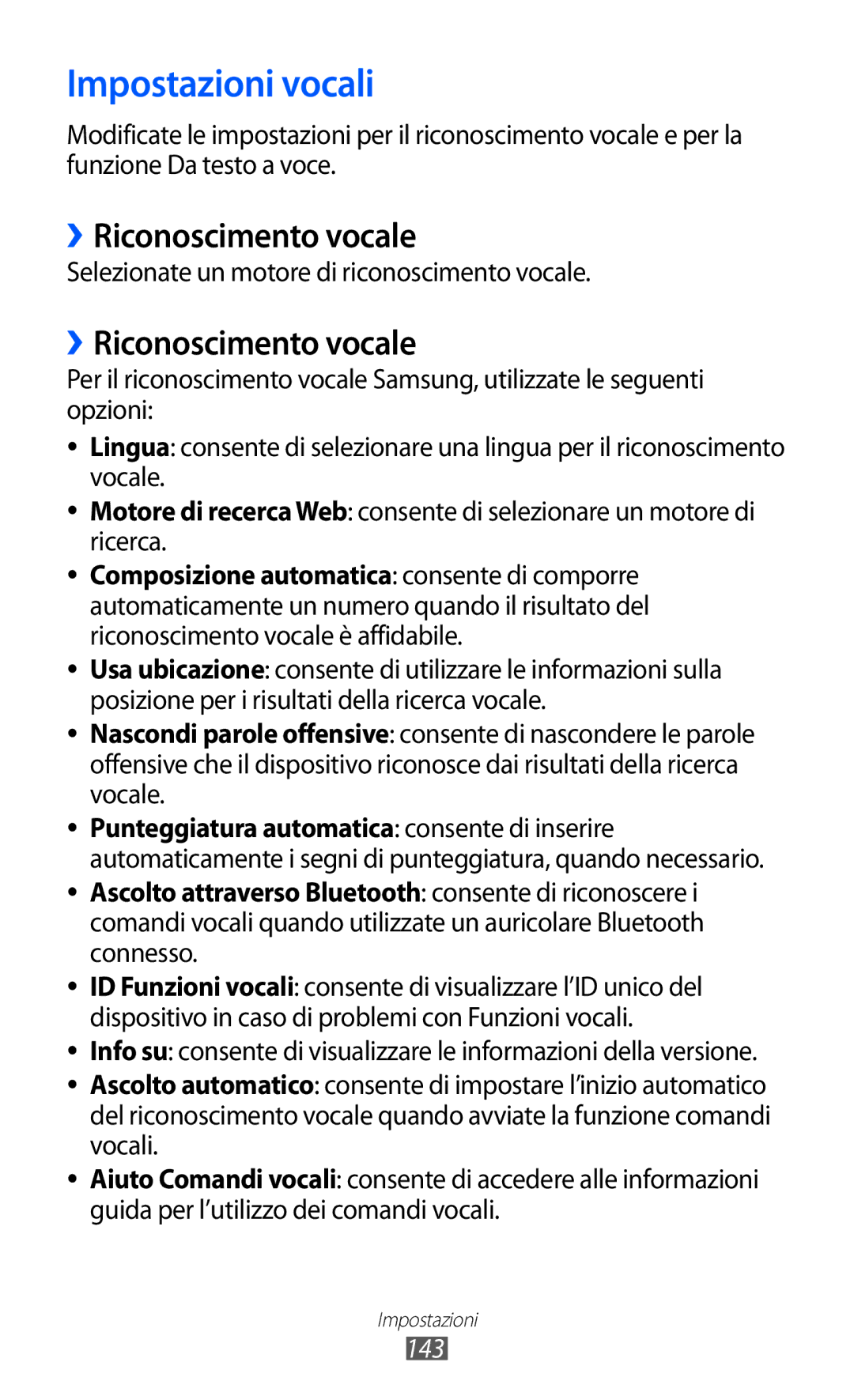 Samsung GT-I9070HKNITV Impostazioni vocali, ››Riconoscimento vocale, Selezionate un motore di riconoscimento vocale, 143 