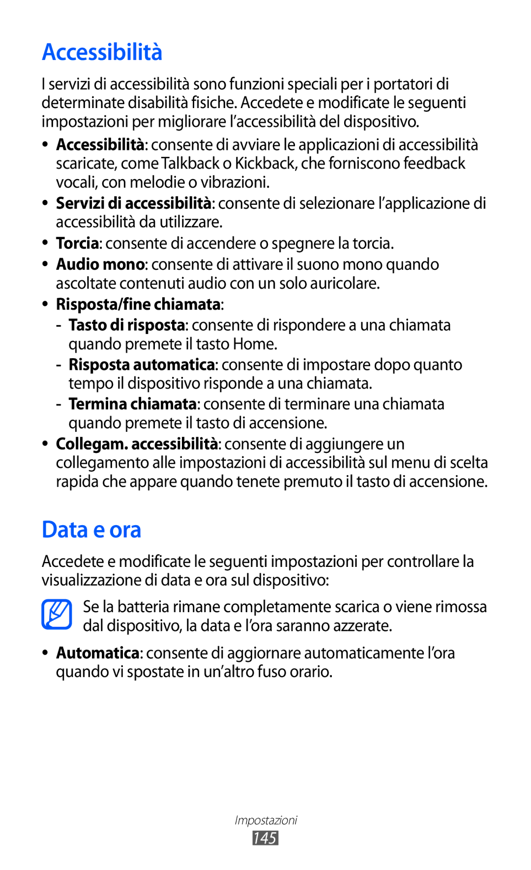 Samsung GT-I9070HKNTIM, GT-I9070RWNTIM, GT-I9070HKNITV manual Accessibilità, Data e ora, 145 