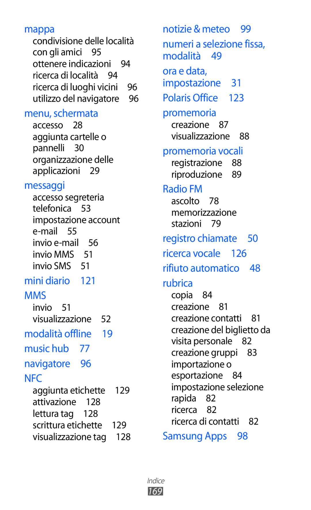 Samsung GT-I9070HKNTIM, GT-I9070RWNTIM, GT-I9070HKNITV manual Mappa, 169 