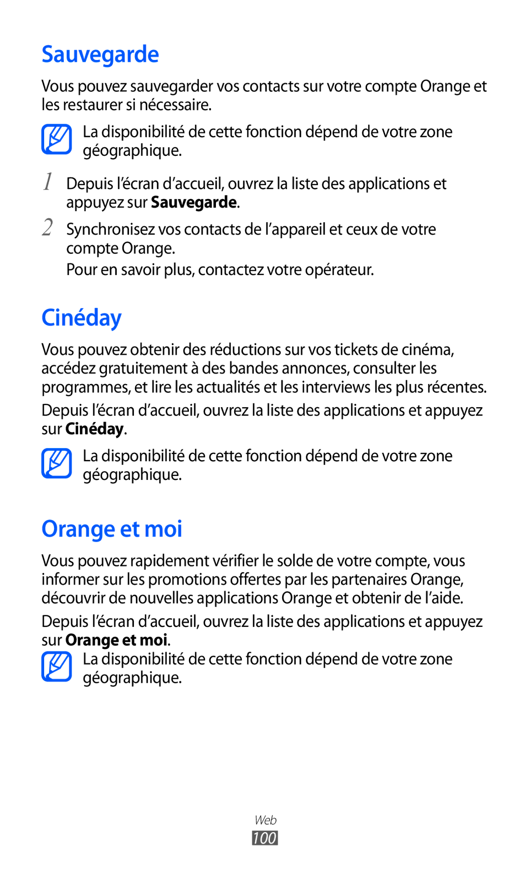 Samsung GT-I9070HKNXEF, GT-I9070RWNXEF, GT-I9070RWNNRJ, GT-I9070MSVXEF manual Sauvegarde, Cinéday, Orange et moi, 100 