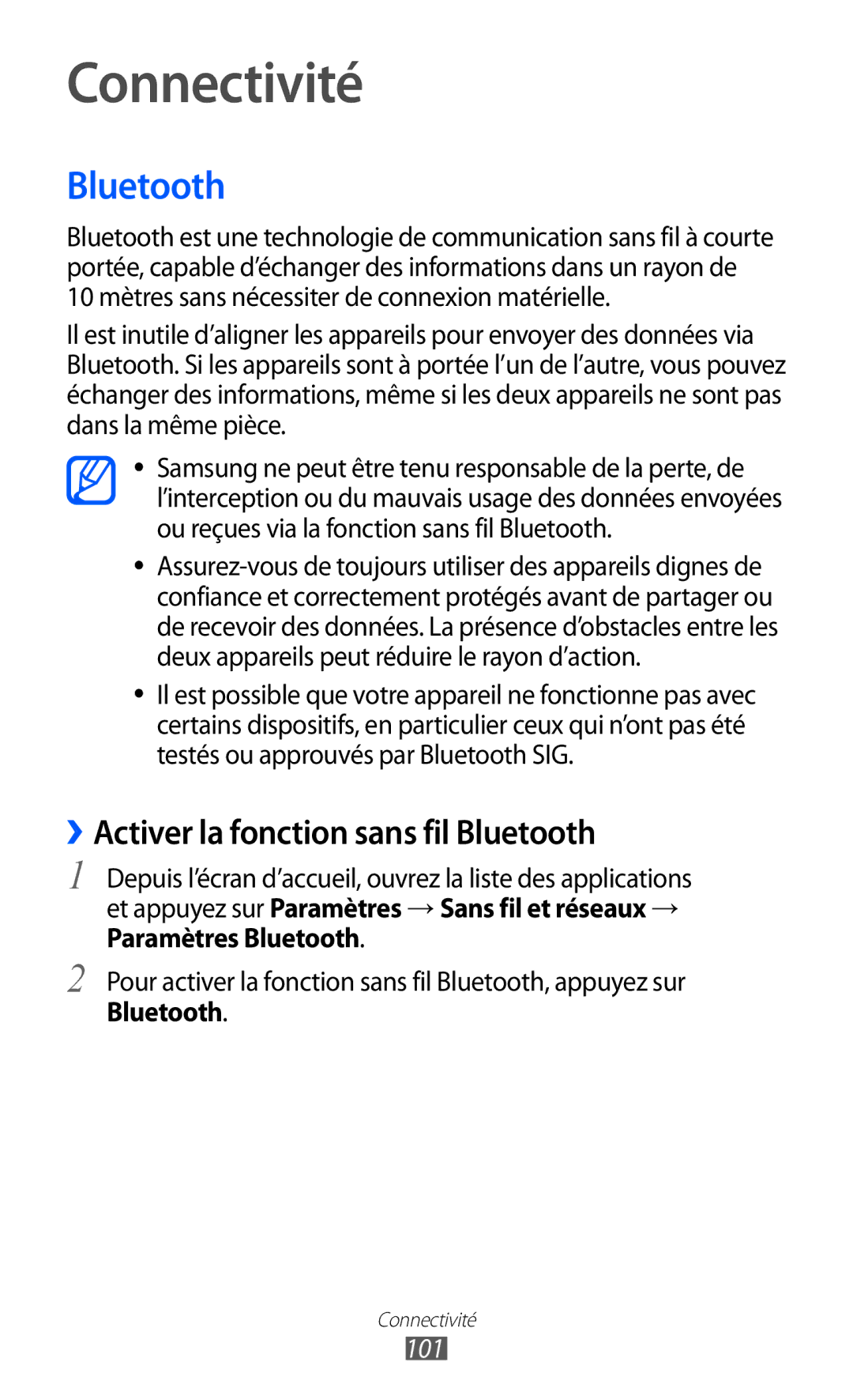 Samsung GT-I9070HKNNRJ, GT-I9070RWNXEF, GT-I9070RWNNRJ manual Connectivité, ››Activer la fonction sans fil Bluetooth, 101 