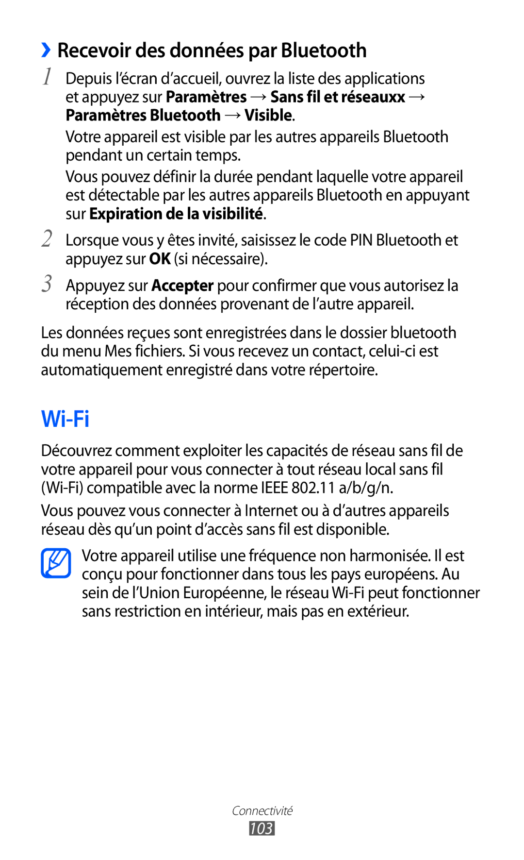 Samsung GT-I9070RWNNRJ, GT-I9070RWNXEF, GT-I9070MSVXEF, GT-I9070HKNFTM manual Wi-Fi, ››Recevoir des données par Bluetooth, 103 