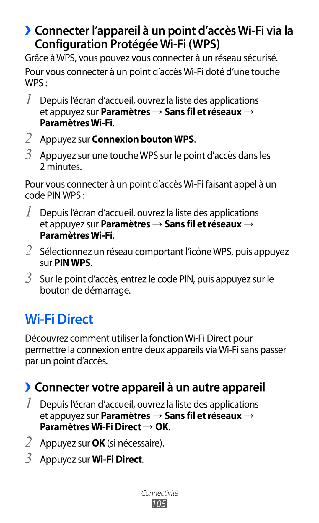 Samsung GT-I9070HKNFTM Wi-Fi Direct, Configuration Protégée Wi-Fi WPS, ››Connecter votre appareil à un autre appareil, 105 