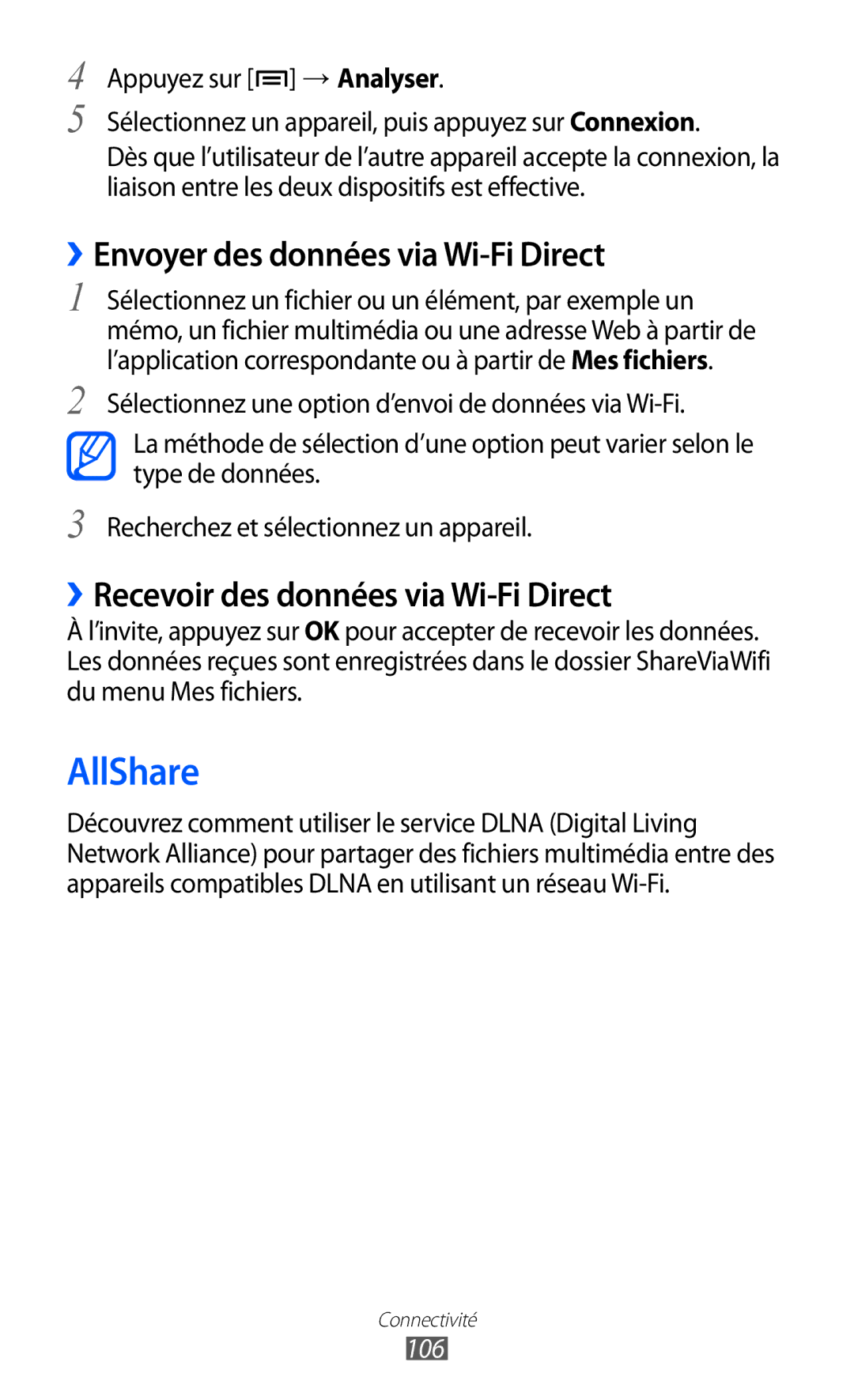 Samsung GT-I9070HKNXEF AllShare, ››Envoyer des données via Wi-Fi Direct, ››Recevoir des données via Wi-Fi Direct, 106 