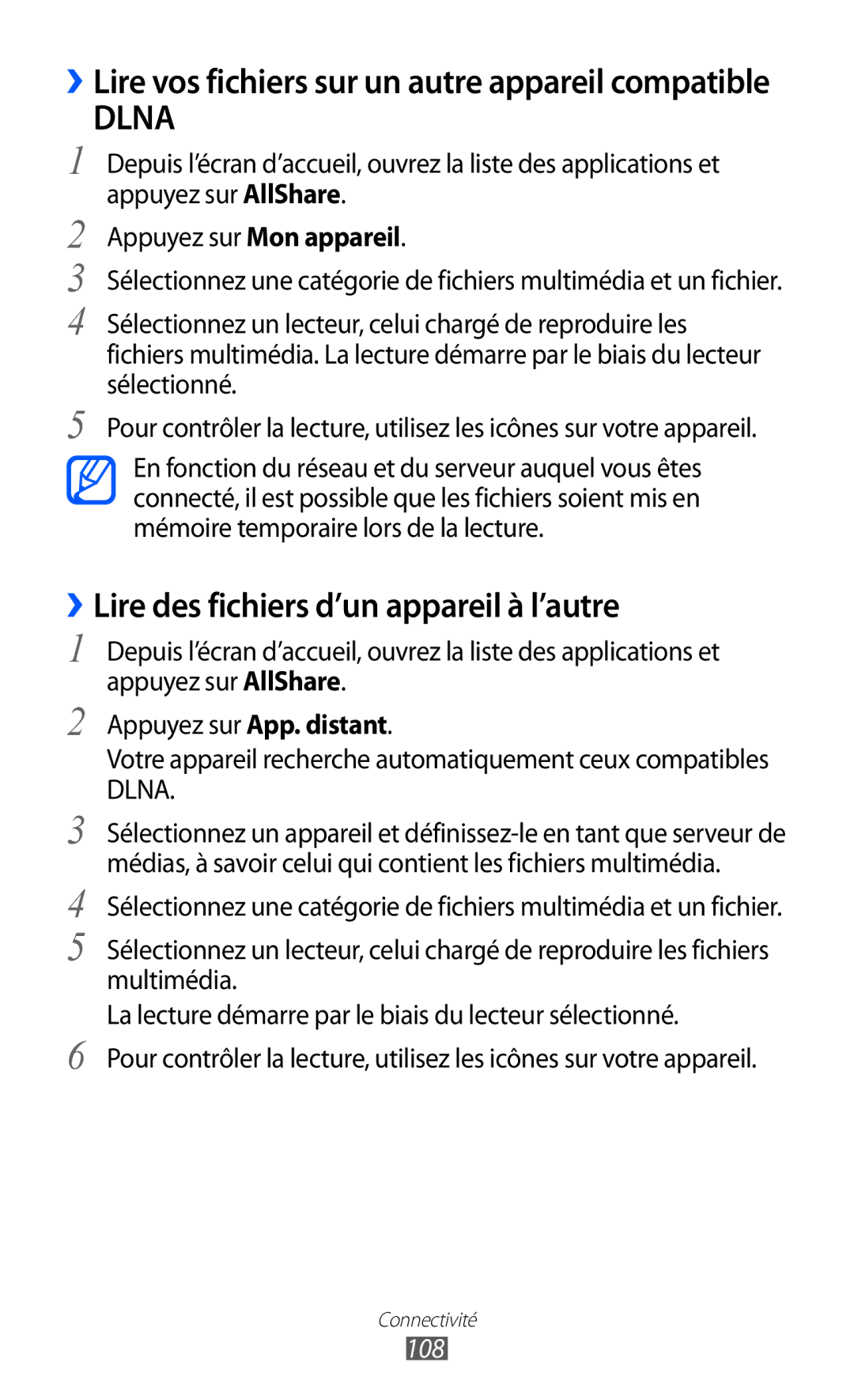 Samsung GT-I9070RWNXEF, GT-I9070RWNNRJ, GT-I9070MSVXEF, GT-I9070HKNFTM manual ››Lire des fichiers d’un appareil à l’autre, 108 