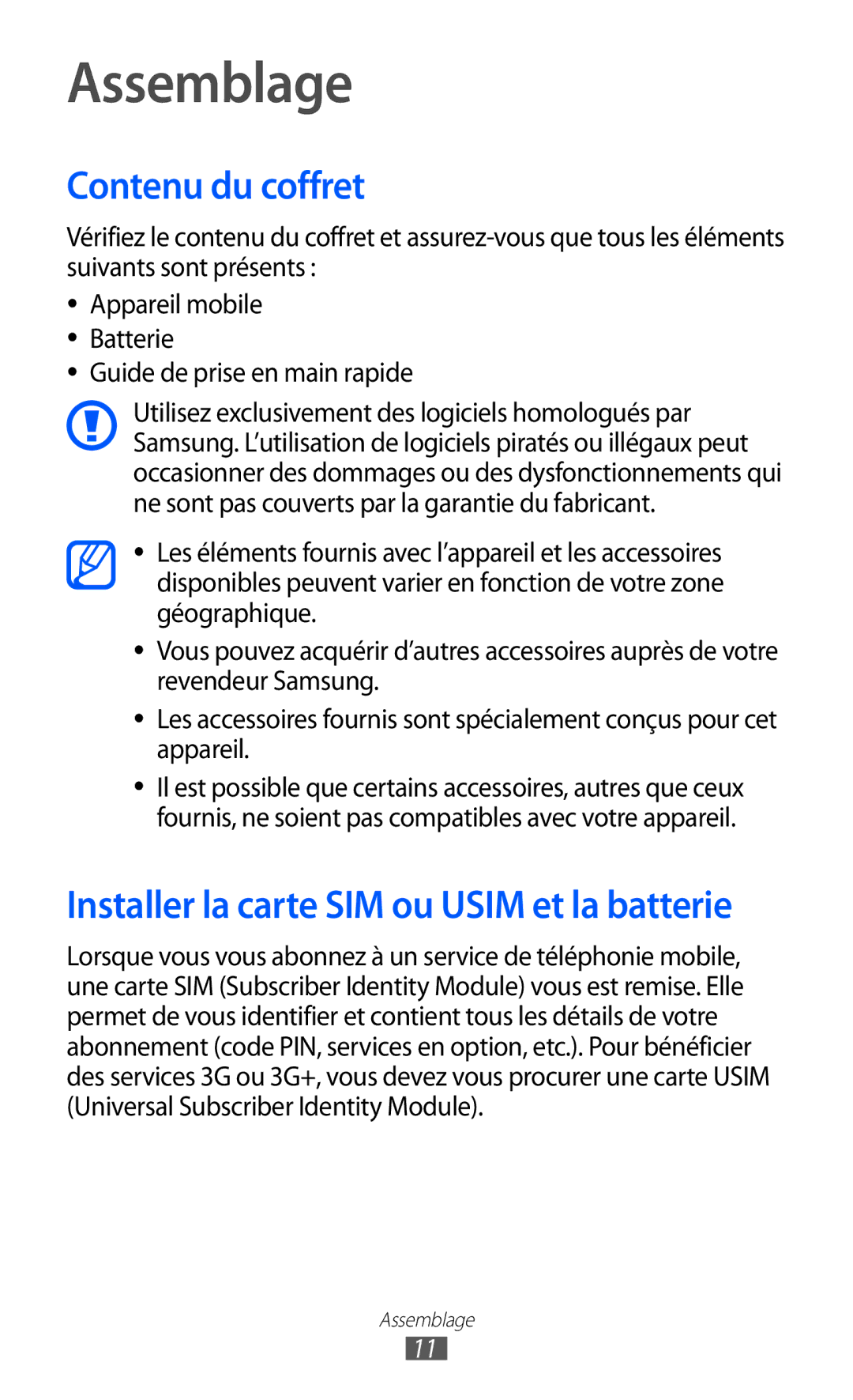 Samsung GT-I9070HKNNRJ, GT-I9070RWNXEF, GT-I9070RWNNRJ manual Assemblage, Contenu du coffret, Guide de prise en main rapide 