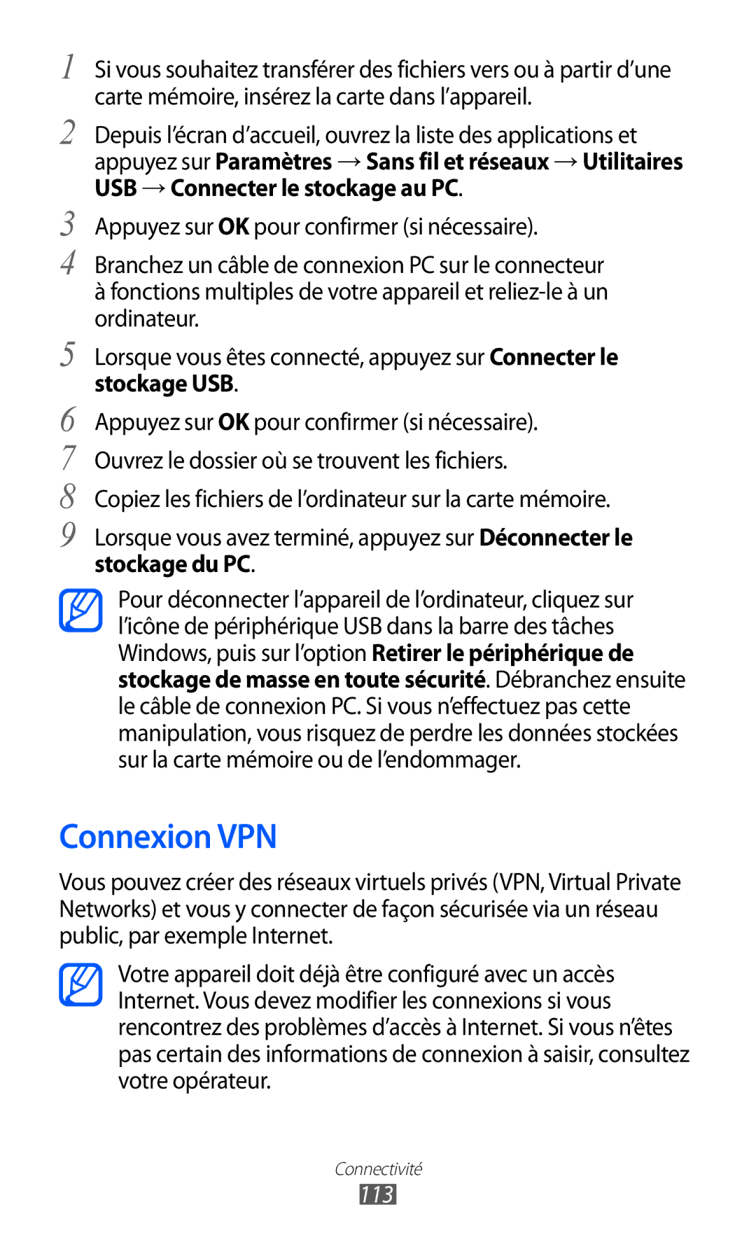 Samsung GT-I9070HKNNRJ, GT-I9070RWNXEF, GT-I9070RWNNRJ, GT-I9070MSVXEF manual Connexion VPN, Stockage USB, Stockage du PC, 113 