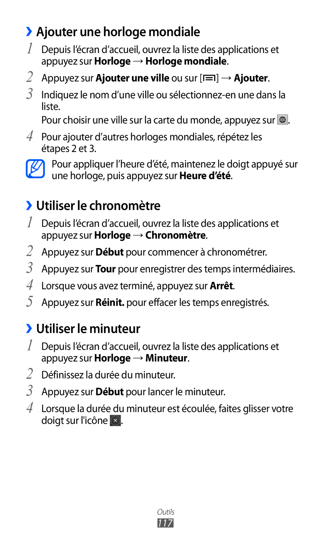 Samsung GT-I9070HKNFTM manual ››Ajouter une horloge mondiale, ››Utiliser le chronomètre, ››Utiliser le minuteur, 117 