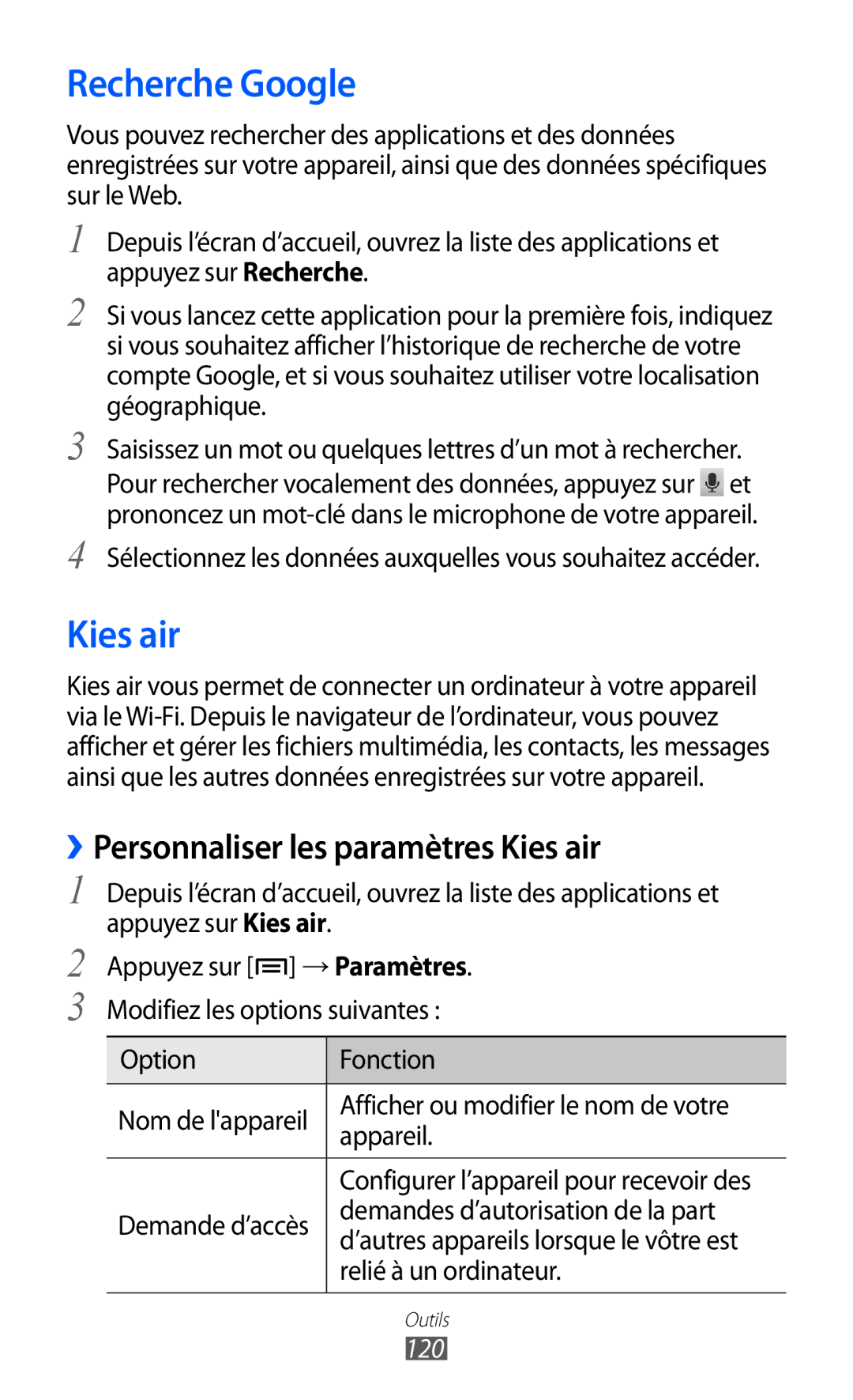 Samsung GT-I9070RWNXEF, GT-I9070RWNNRJ, GT-I9070MSVXEF Recherche Google, ››Personnaliser les paramètres Kies air, 120 