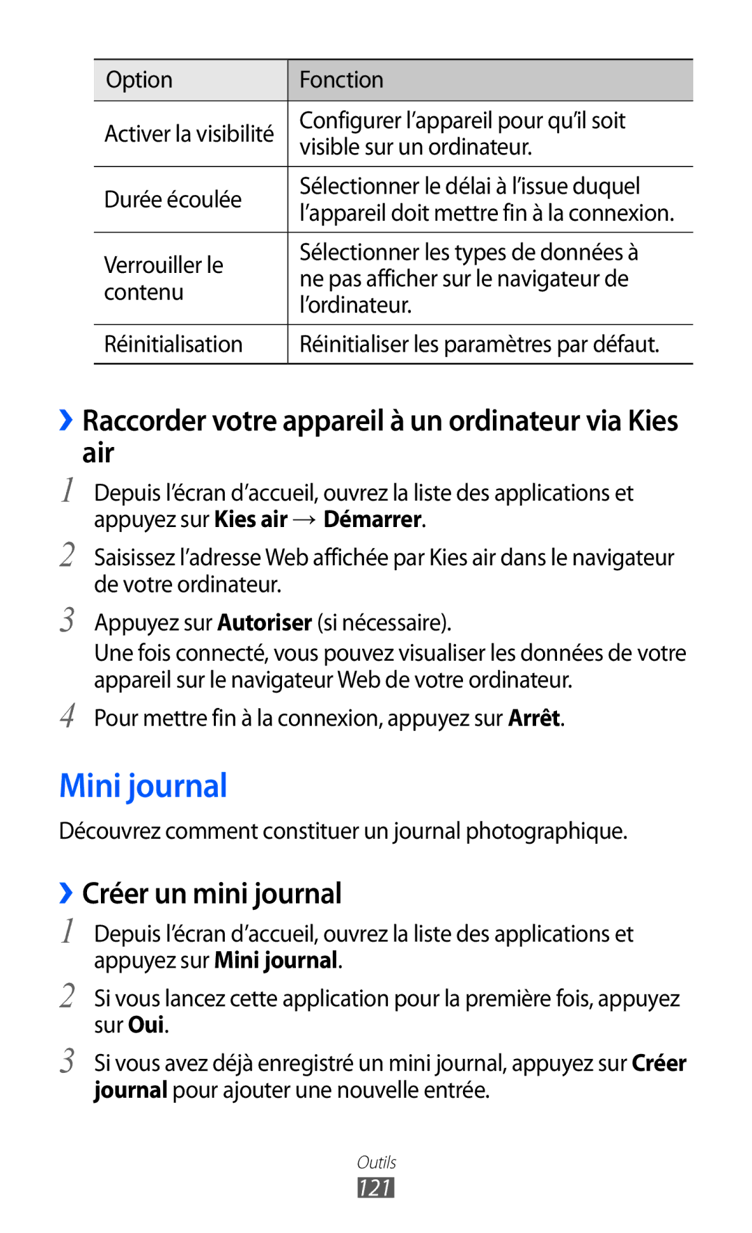 Samsung GT-I9070RWNNRJ Mini journal, ››Raccorder votre appareil à un ordinateur via Kies air, ››Créer un mini journal, 121 