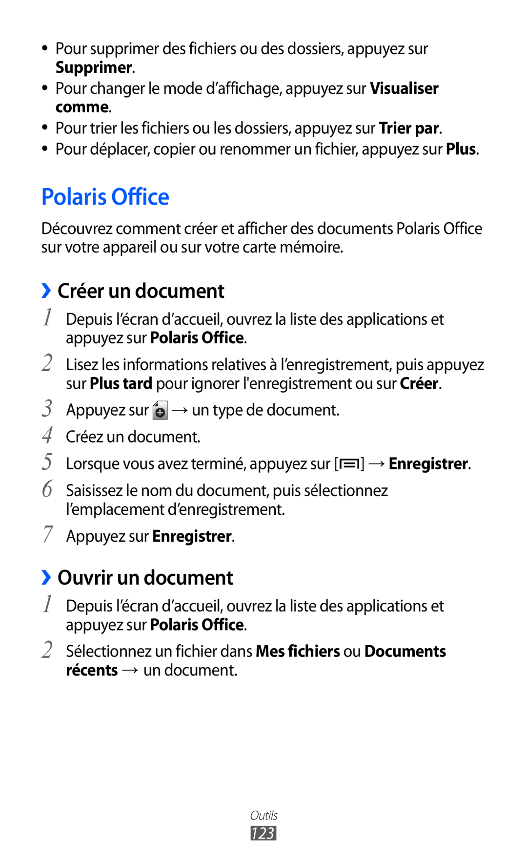 Samsung GT-I9070HKNFTM, GT-I9070RWNXEF, GT-I9070RWNNRJ manual Polaris Office, ››Créer un document, ››Ouvrir un document, 123 