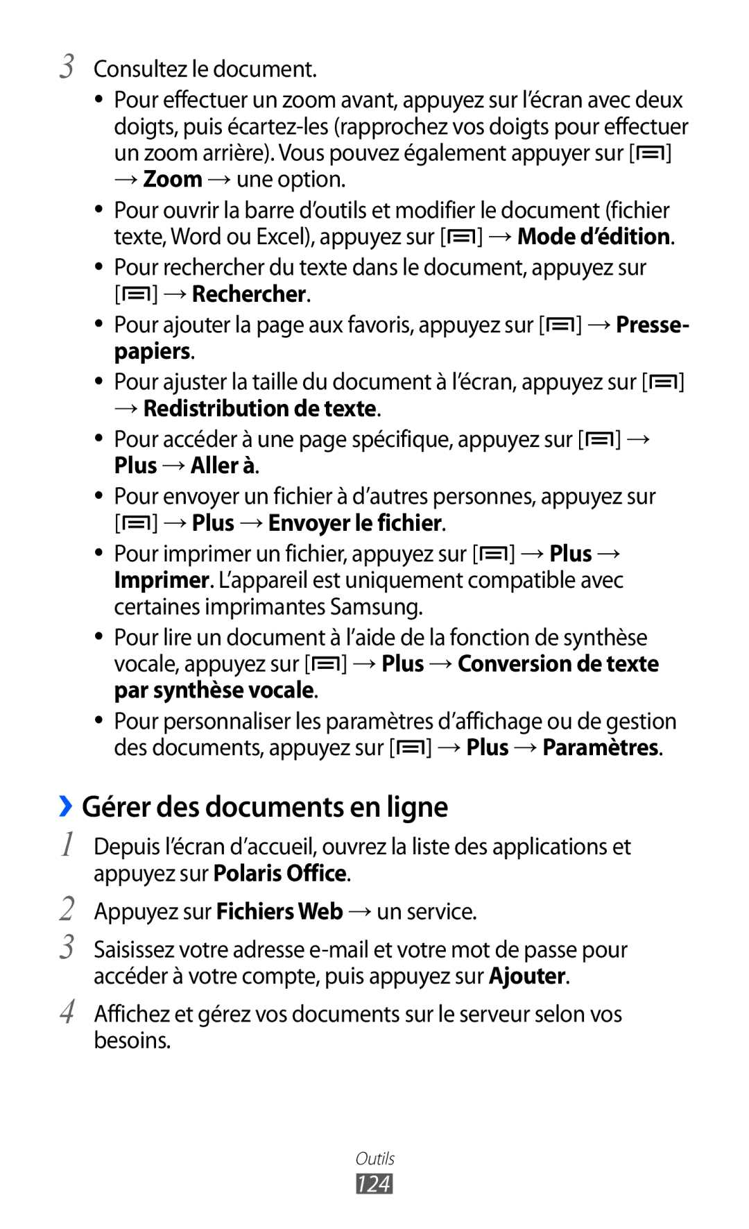 Samsung GT-I9070HKNXEF, GT-I9070RWNXEF manual ››Gérer des documents en ligne, → Redistribution de texte, Plus → Aller à, 124 