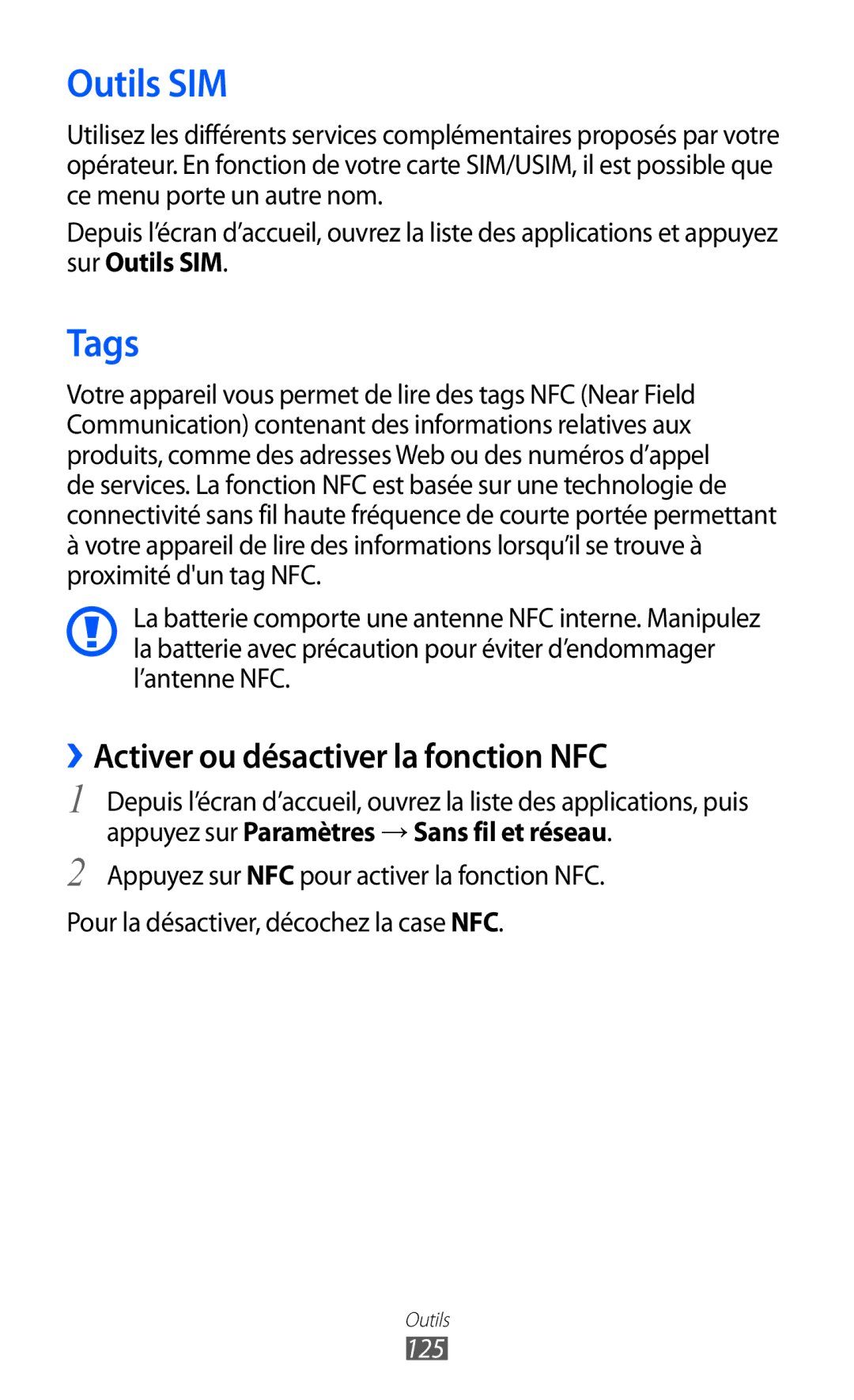 Samsung GT-I9070HKNNRJ, GT-I9070RWNXEF, GT-I9070RWNNRJ manual Outils SIM, Tags, ››Activer ou désactiver la fonction NFC, 125 