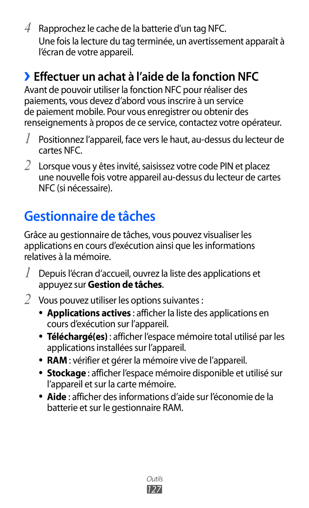 Samsung GT-I9070RWNNRJ, GT-I9070RWNXEF, GT-I9070MSVXEF, GT-I9070HKNFTM, GT-I9070HKNXEF manual Gestionnaire de tâches, 127 