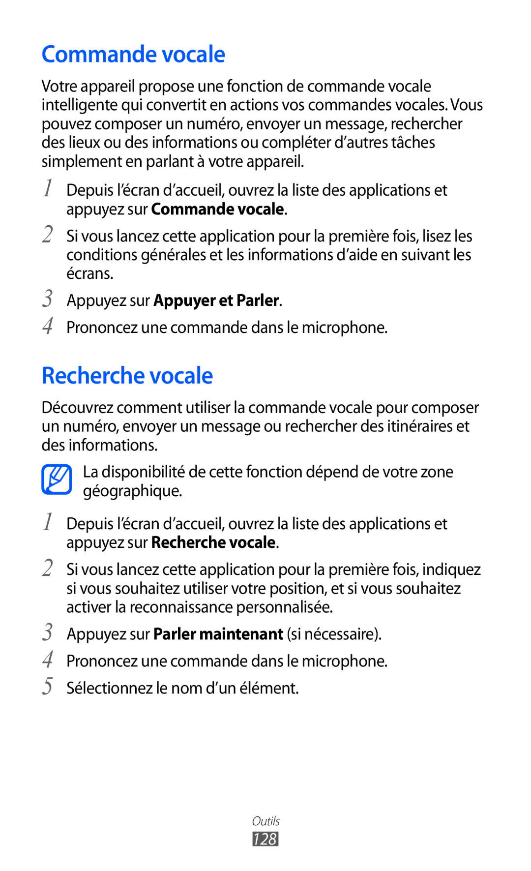 Samsung GT-I9070MSVXEF, GT-I9070RWNXEF manual Commande vocale, Recherche vocale, Appuyez sur Appuyer et Parler, 128 