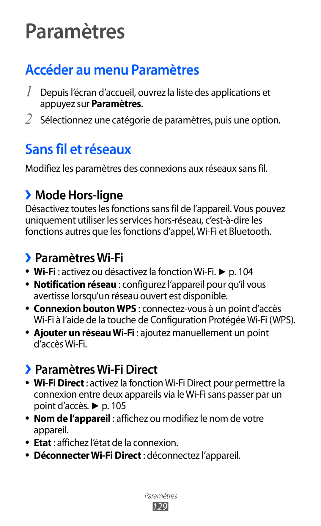 Samsung GT-I9070HKNFTM, GT-I9070RWNXEF, GT-I9070RWNNRJ, GT-I9070MSVXEF Accéder au menu Paramètres, Sans fil et réseaux 