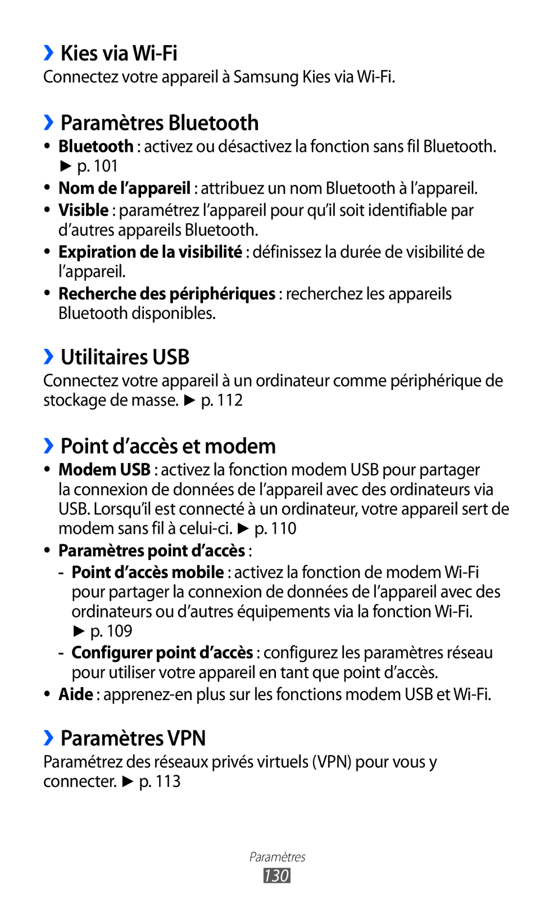 Samsung GT-I9070HKNXEF manual ››Kies via Wi-Fi, ››Paramètres Bluetooth, ››Utilitaires USB, ››Point d’accès et modem 