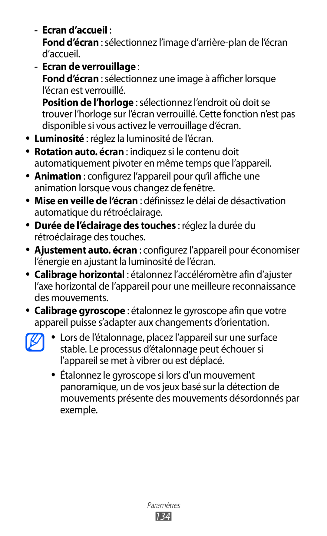 Samsung GT-I9070MSVXEF manual Ecran d’accueil, Ecran de verrouillage, Luminosité réglez la luminosité de l’écran, 134 