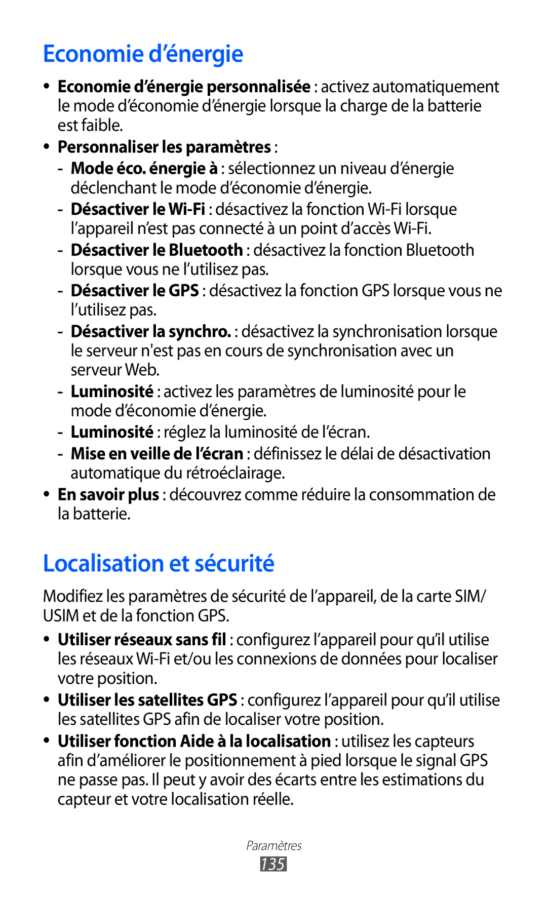 Samsung GT-I9070HKNFTM, GT-I9070RWNXEF, GT-I9070RWNNRJ, GT-I9070MSVXEF Economie d’énergie, Localisation et sécurité, 135 