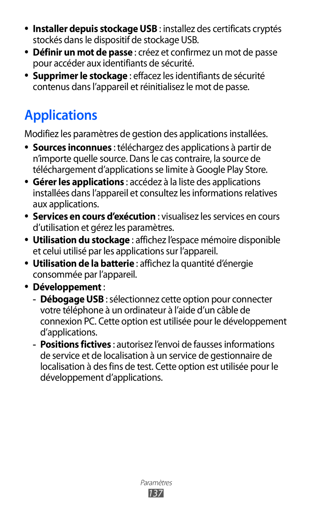 Samsung GT-I9070HKNNRJ, GT-I9070RWNXEF, GT-I9070RWNNRJ, GT-I9070MSVXEF, GT-I9070HKNFTM manual Applications, Développement, 137 