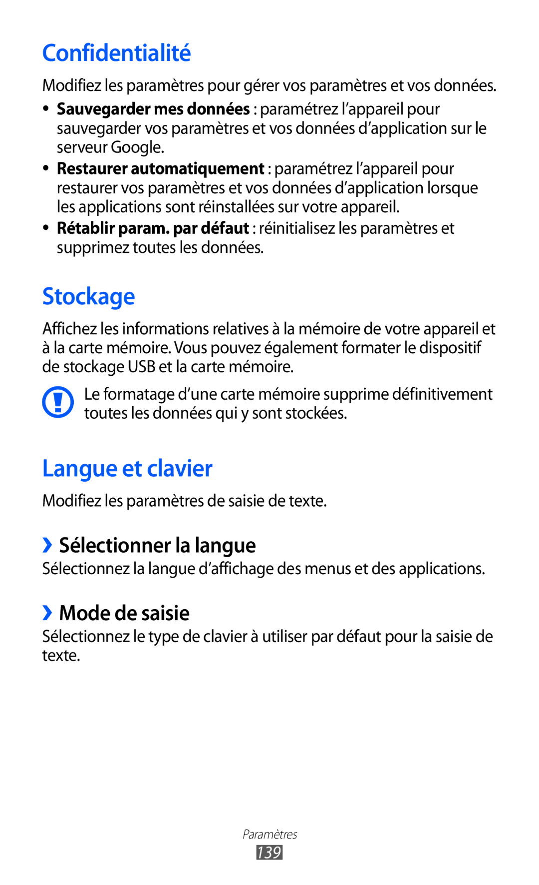 Samsung GT-I9070RWNNRJ manual Confidentialité, Stockage, Langue et clavier, ››Sélectionner la langue, ››Mode de saisie 