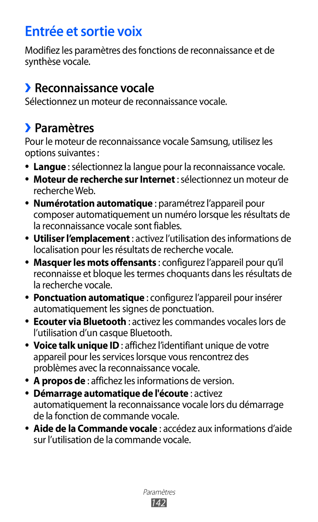 Samsung GT-I9070HKNXEF, GT-I9070RWNXEF, GT-I9070RWNNRJ Entrée et sortie voix, ››Reconnaissance vocale, ››Paramètres, 142 