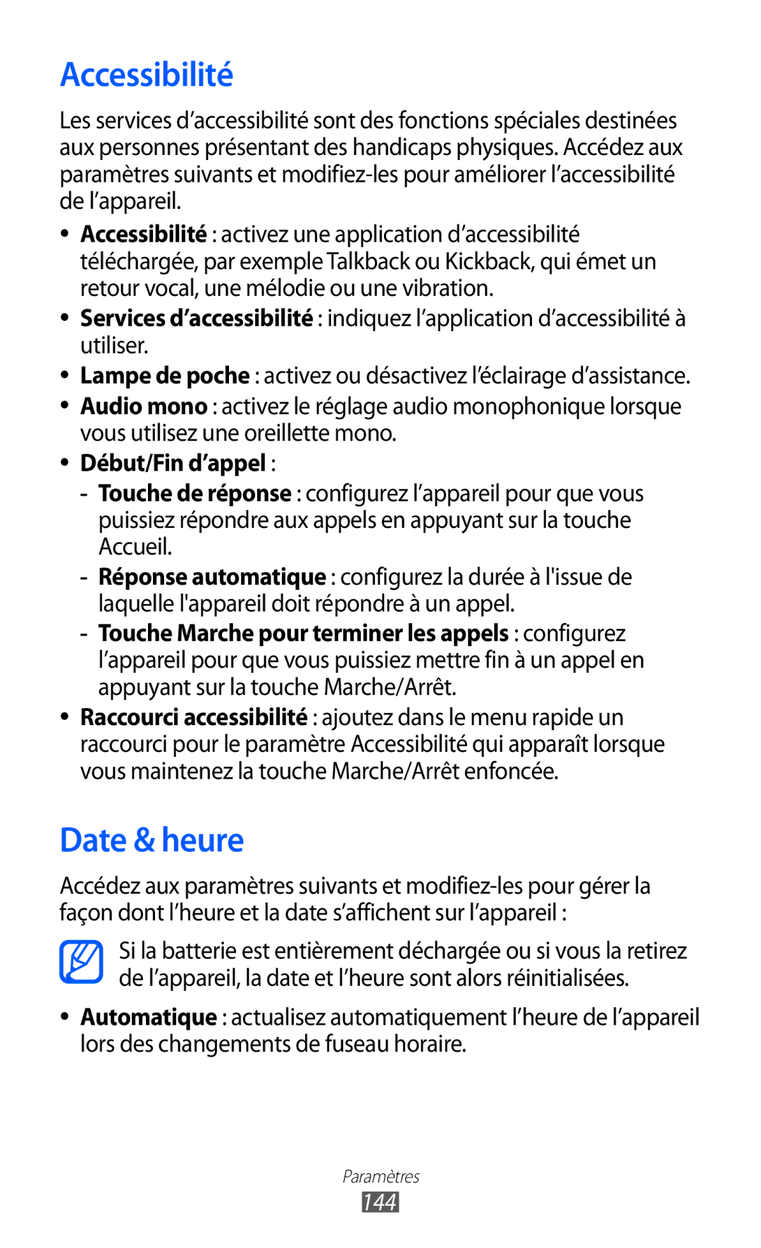 Samsung GT-I9070RWNXEF, GT-I9070RWNNRJ, GT-I9070MSVXEF, GT-I9070HKNFTM, GT-I9070HKNXEF manual Accessibilité, Date & heure, 144 
