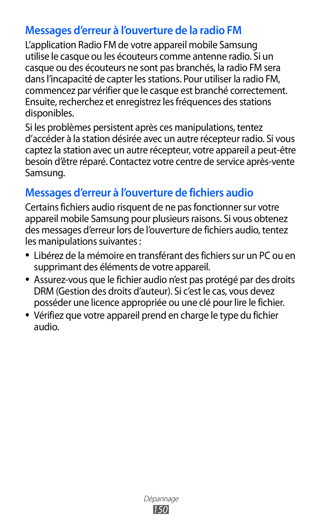 Samsung GT-I9070RWNXEF, GT-I9070RWNNRJ, GT-I9070MSVXEF, GT-I9070HKNFTM Messages d’erreur à l’ouverture de la radio FM, 150 