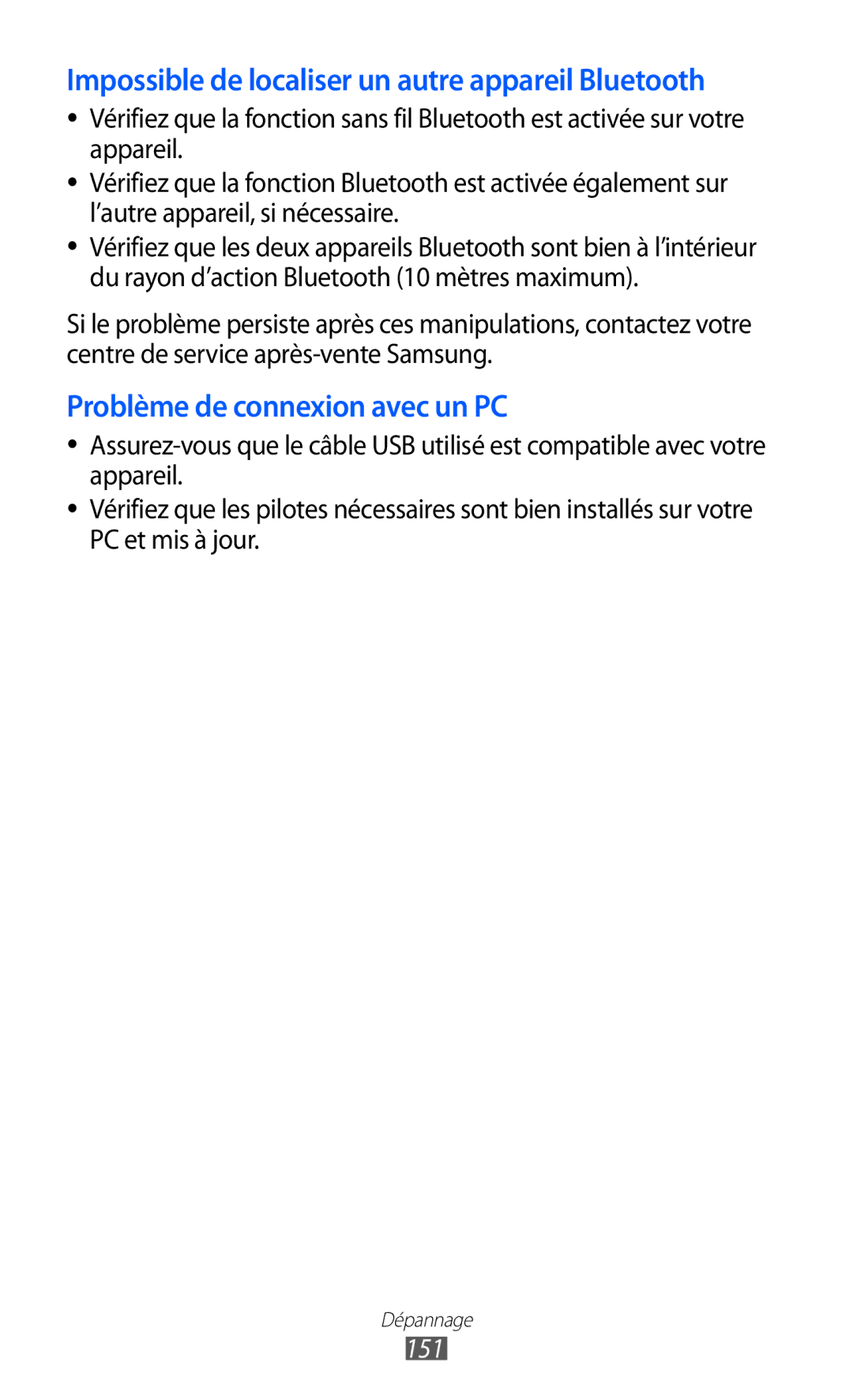 Samsung GT-I9070RWNNRJ, GT-I9070RWNXEF, GT-I9070MSVXEF manual Impossible de localiser un autre appareil Bluetooth, 151 