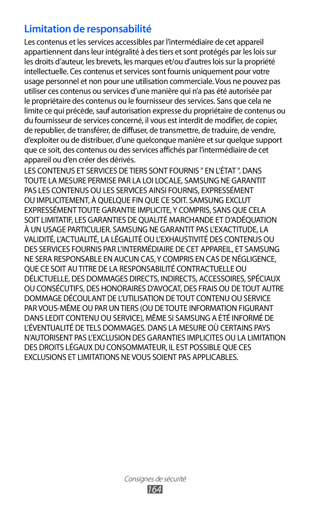 Samsung GT-I9070MSVXEF, GT-I9070RWNXEF, GT-I9070RWNNRJ, GT-I9070HKNFTM, GT-I9070HKNXEF manual Limitation de responsabilité, 164 