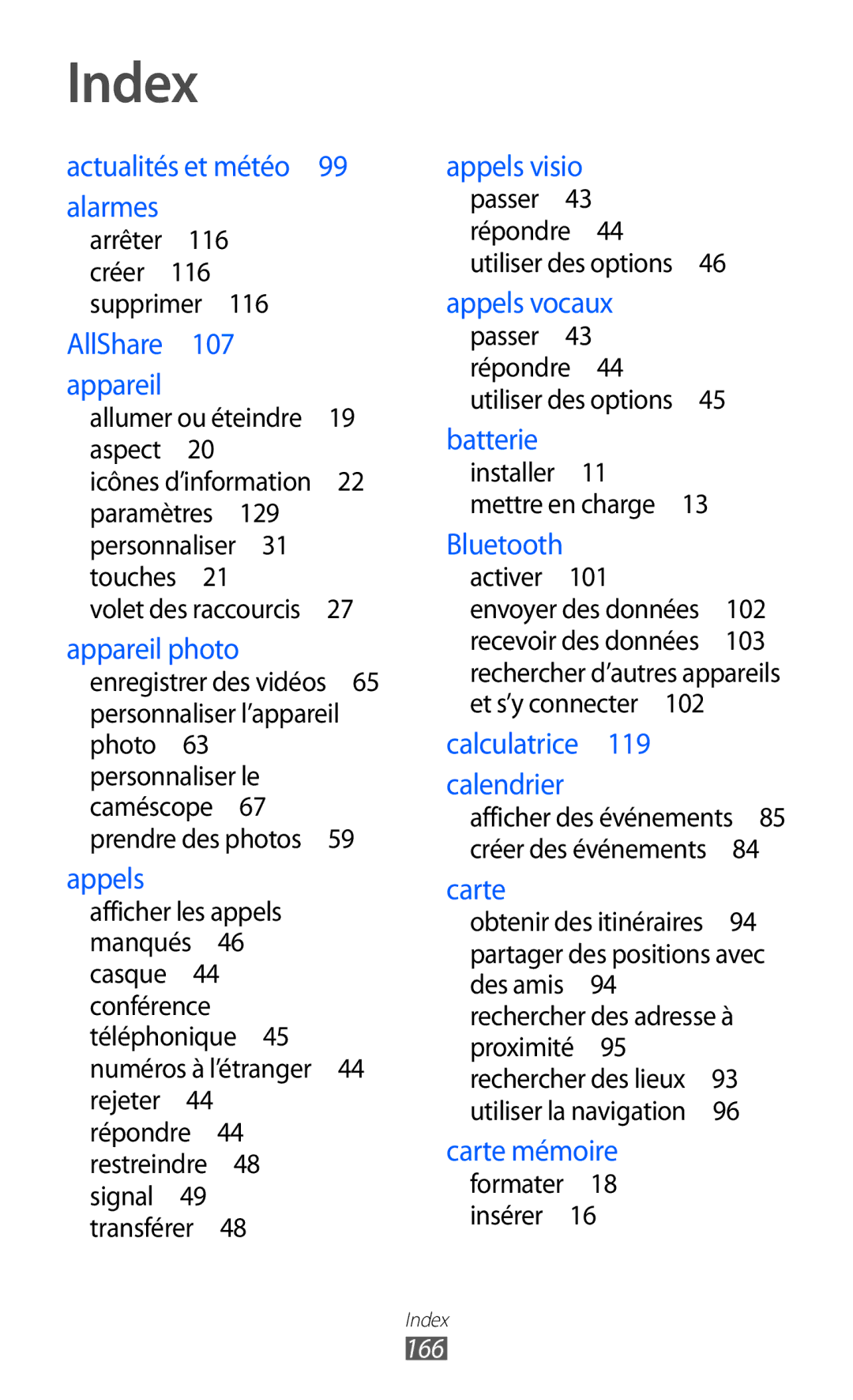 Samsung GT-I9070HKNXEF, GT-I9070RWNXEF, GT-I9070RWNNRJ, GT-I9070MSVXEF, GT-I9070HKNFTM, GT-I9070HKNNRJ manual Index, 166 