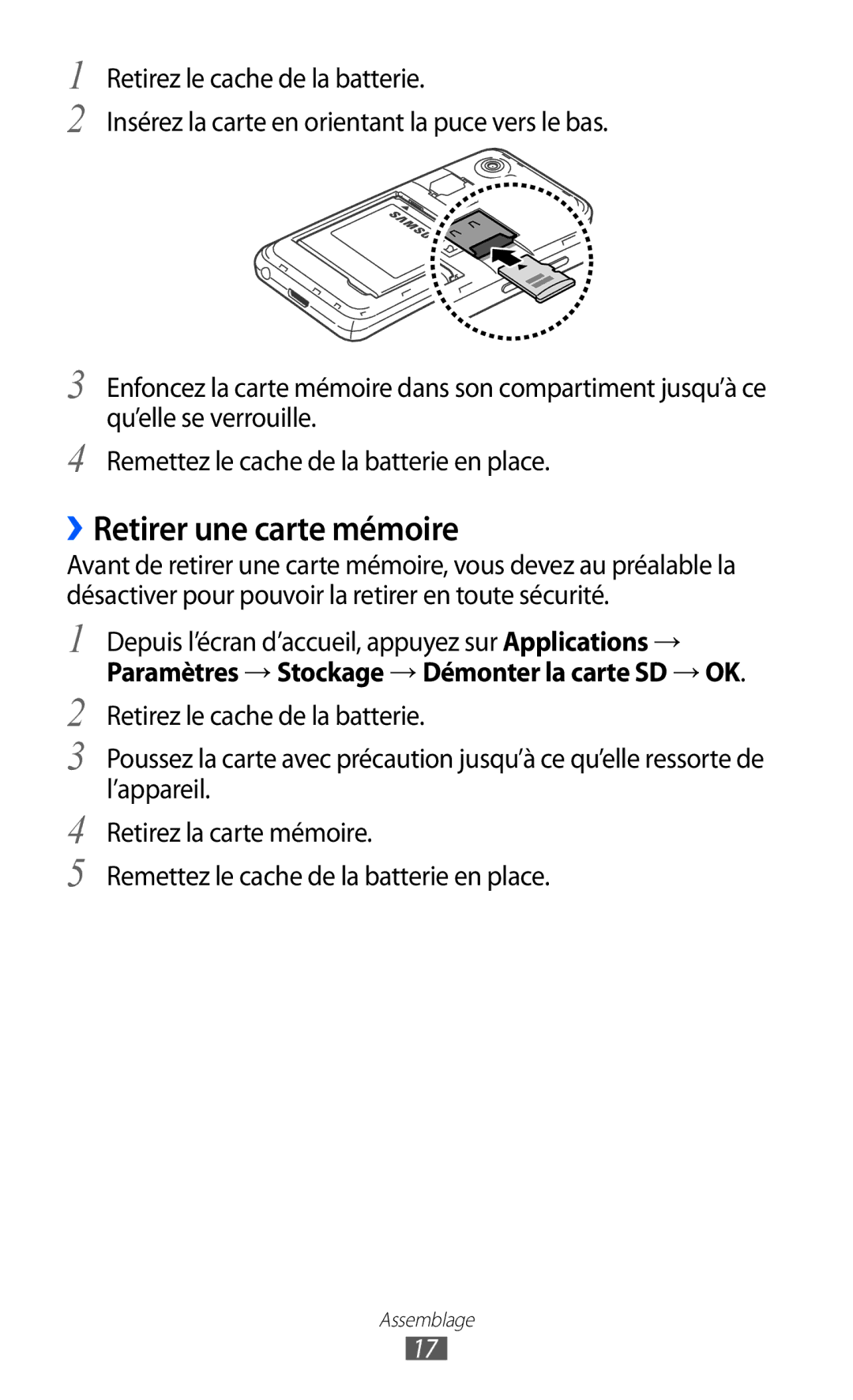 Samsung GT-I9070HKNNRJ, GT-I9070RWNXEF, GT-I9070RWNNRJ, GT-I9070MSVXEF, GT-I9070HKNFTM manual ››Retirer une carte mémoire 