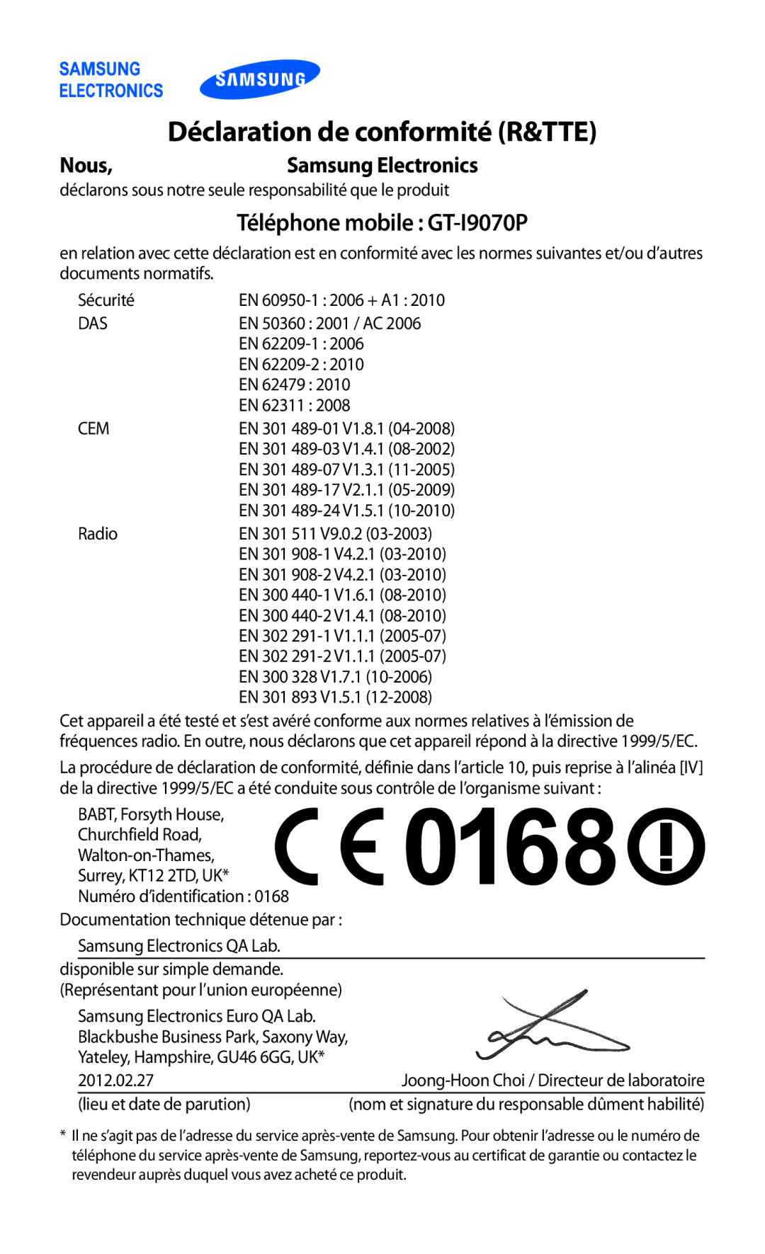 Samsung GT-I9070HKNFTM, GT-I9070RWNXEF, GT-I9070RWNNRJ manual Déclaration de conformité R&TTE, Téléphone mobile GT-I9070P 