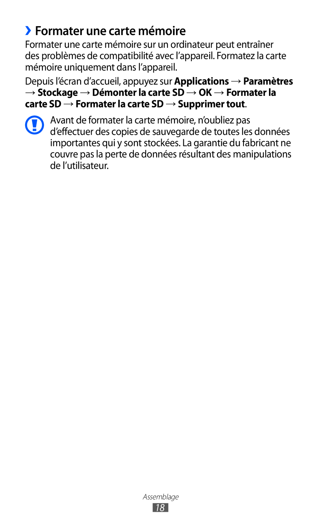 Samsung GT-I9070RWNXEF, GT-I9070RWNNRJ, GT-I9070MSVXEF, GT-I9070HKNFTM, GT-I9070HKNXEF manual ››Formater une carte mémoire 