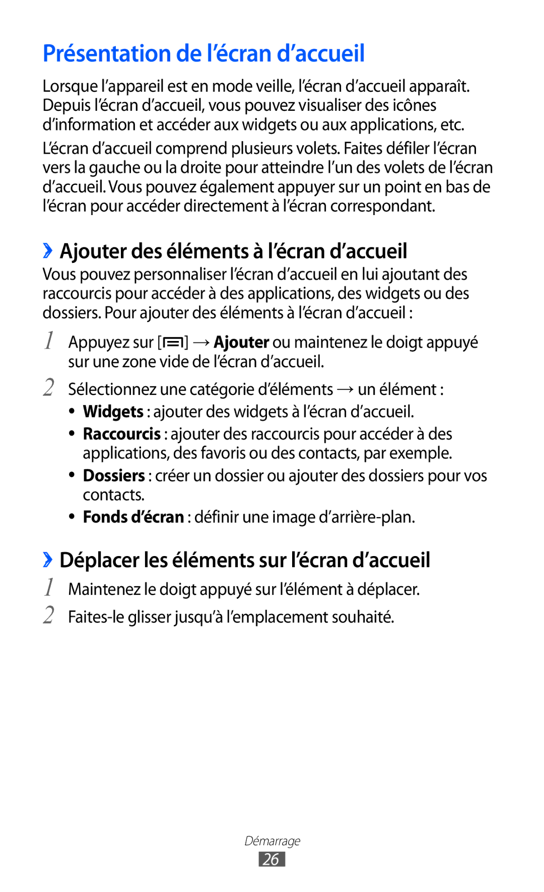 Samsung GT-I9070MSVXEF, GT-I9070RWNXEF manual Présentation de l’écran d’accueil, ››Ajouter des éléments à l’écran d’accueil 